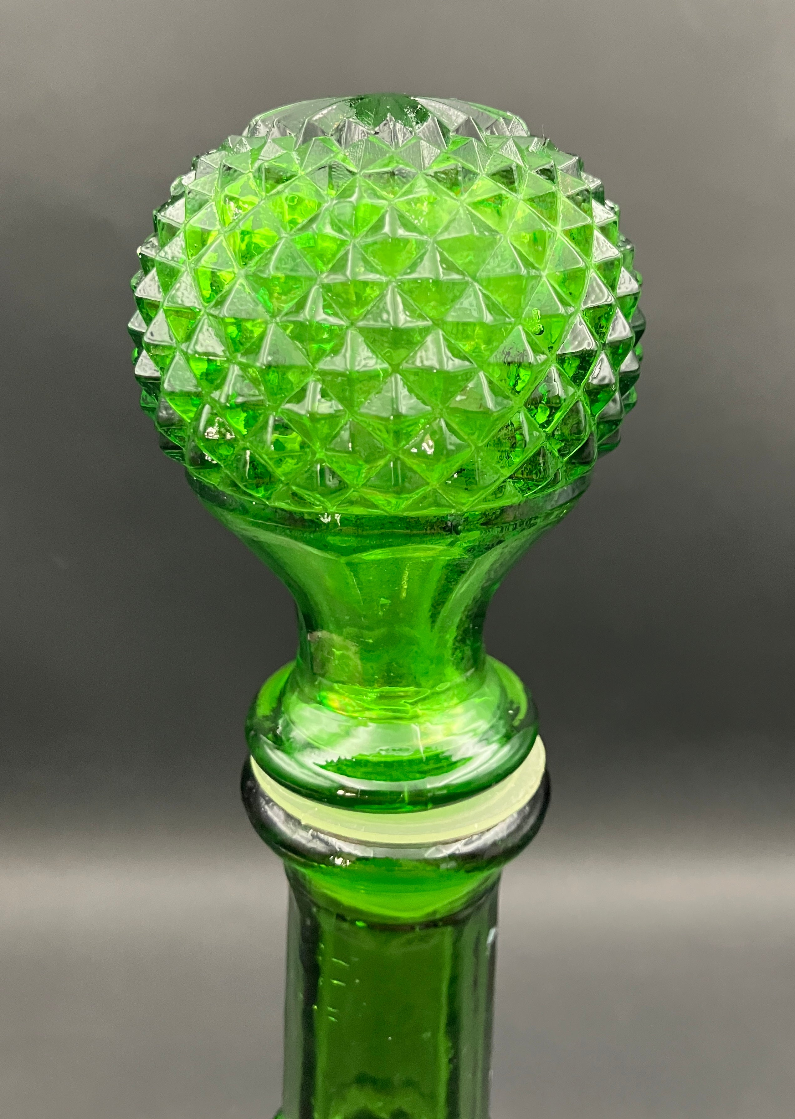 Vintage Genie Bottle Green Italian Diamond Cut Squat Green Decanter