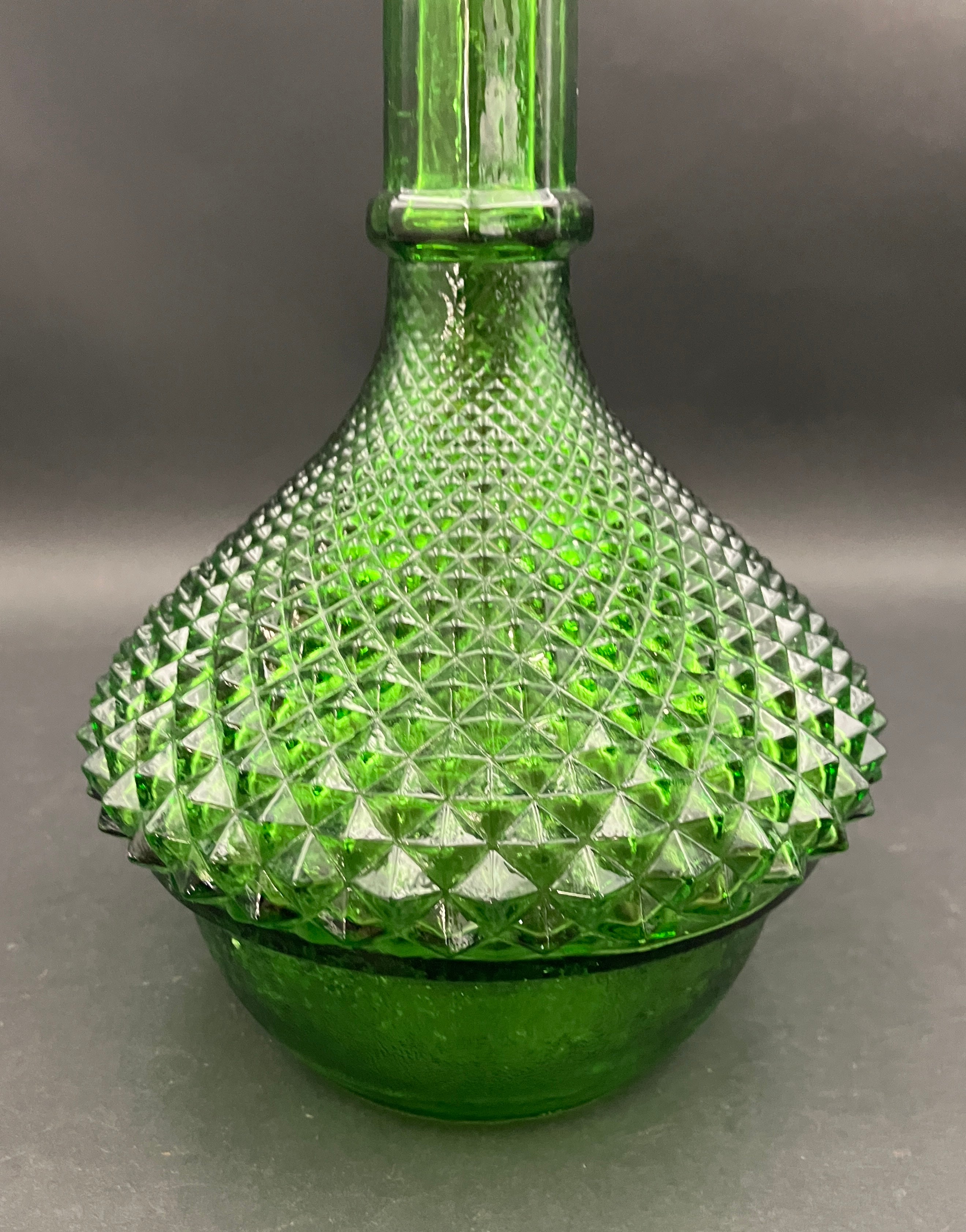 Vintage Genie Bottle Green Italian Diamond Cut Squat Green Decanter