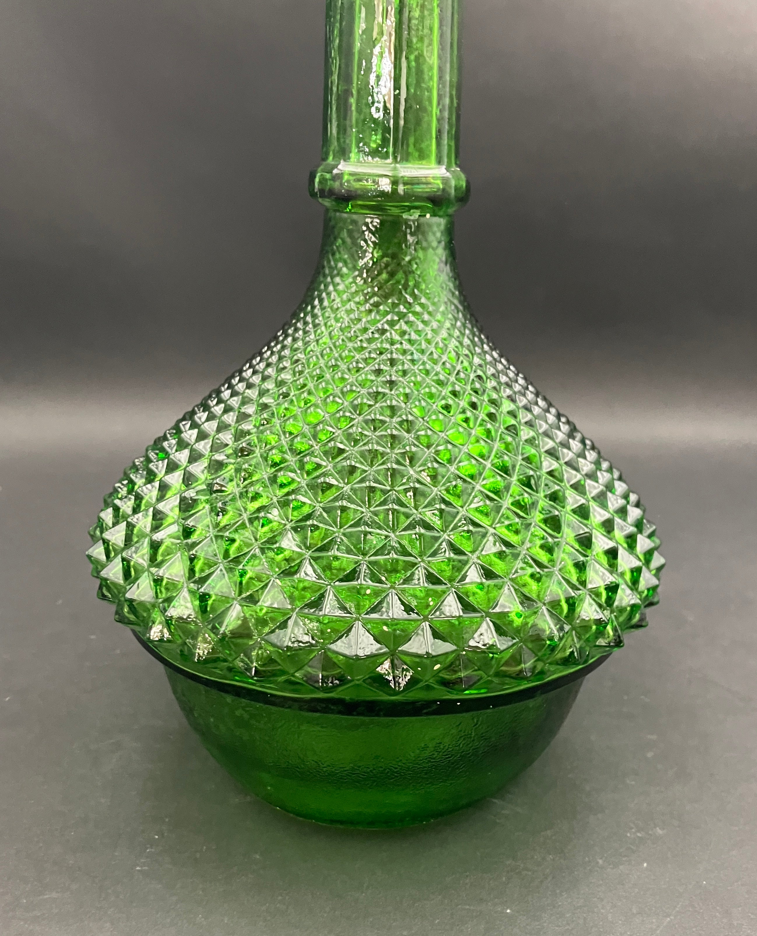 Vintage Genie Bottle Green Italian Diamond Cut Squat Green Decanter