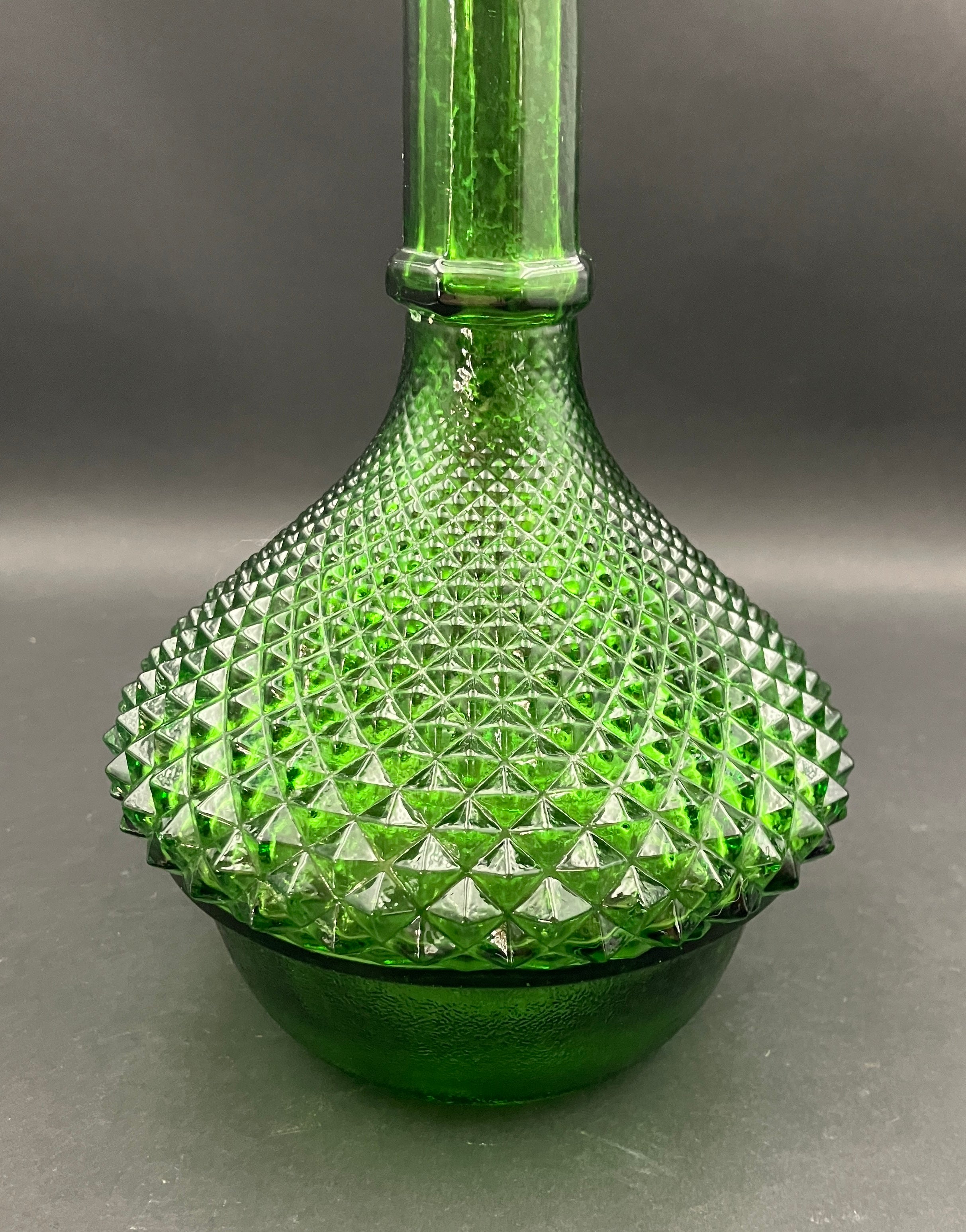 Vintage Genie Bottle Green Italian Diamond Cut Squat Green Decanter