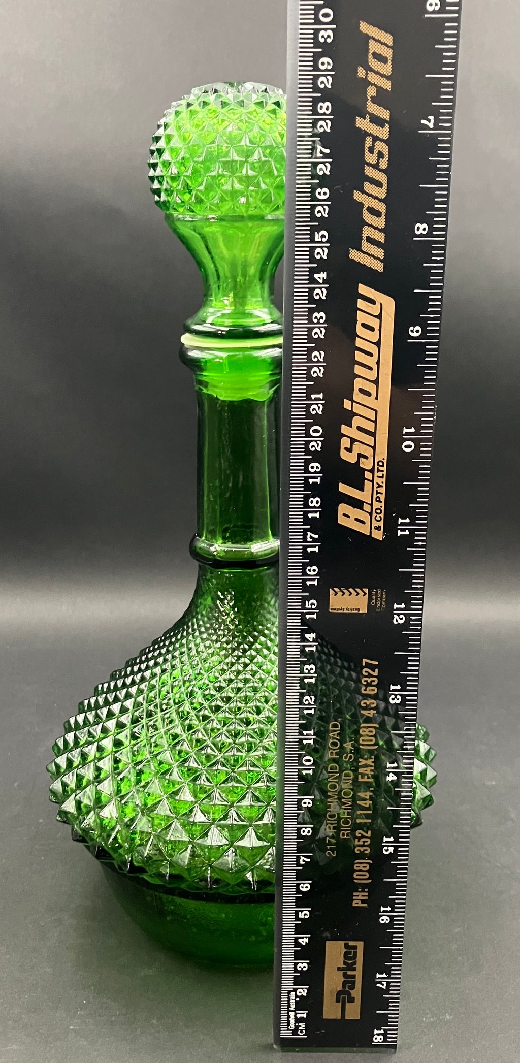 Vintage Genie Bottle Green Italian Diamond Cut Squat Green Decanter