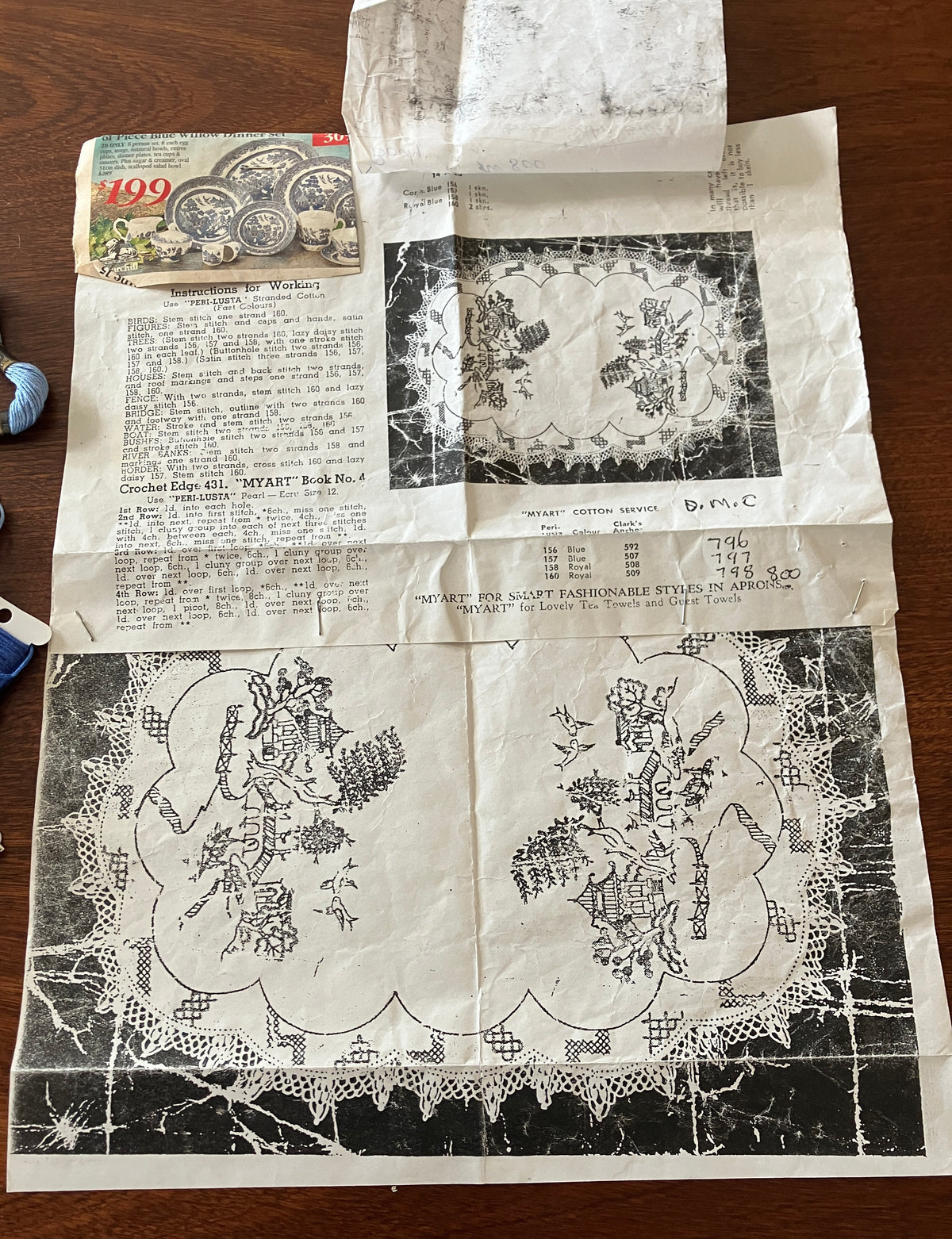 Vintage Willow Pattern Embroidered Tablecloth To Be Finished 128cm x 128cm