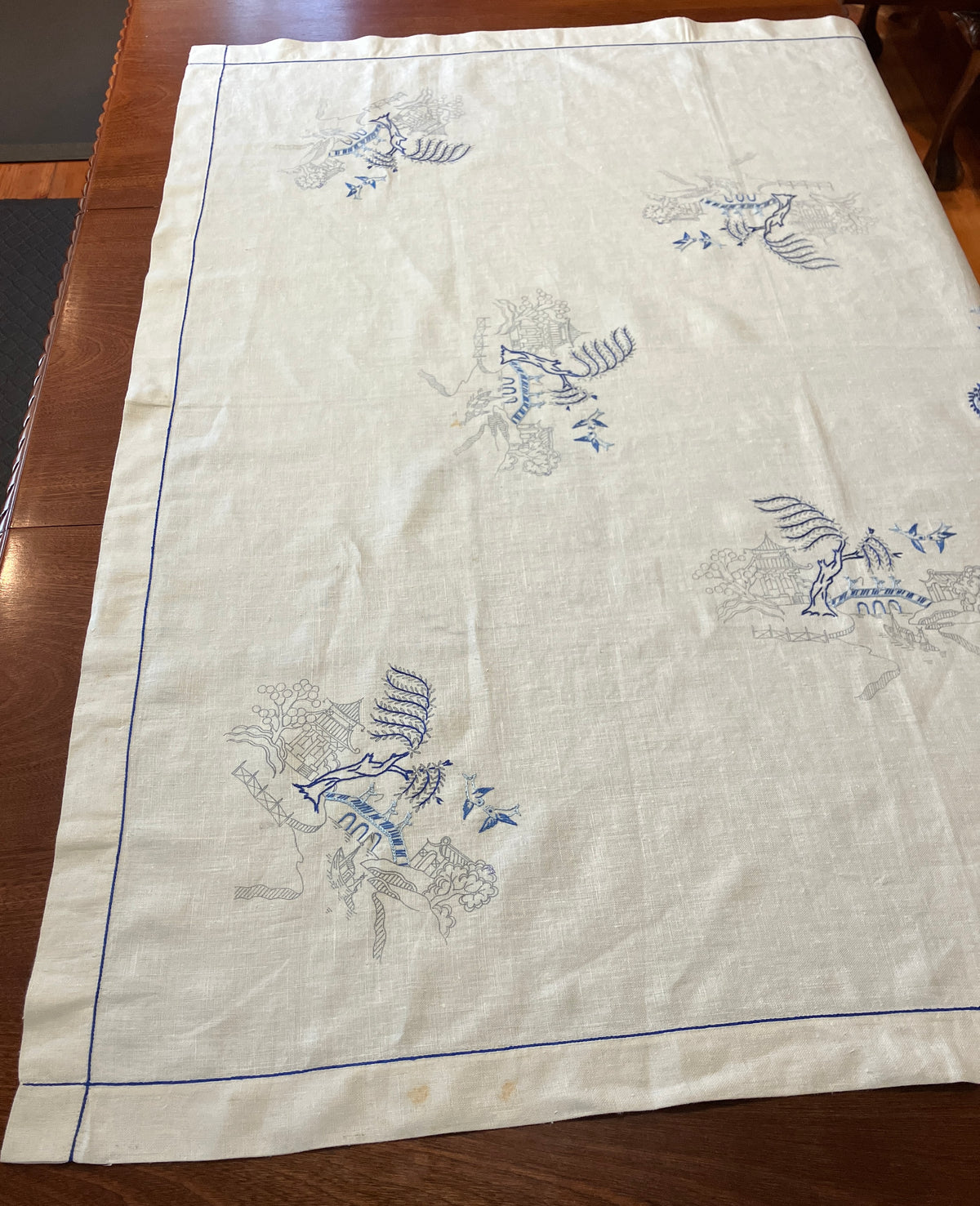 Vintage Willow Pattern Embroidered Tablecloth To Be Finished 128cm x 128cm