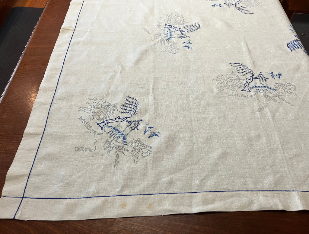 Vintage Willow Pattern Embroidered Tablecloth To Be Finished 128cm x 128cm