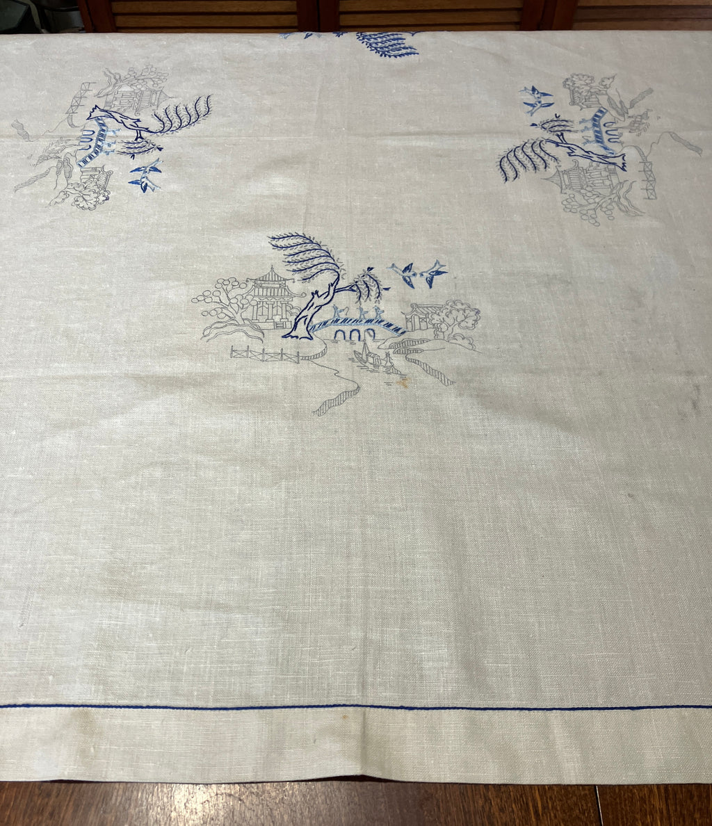 Vintage Willow Pattern Embroidered Tablecloth To Be Finished 128cm x 128cm