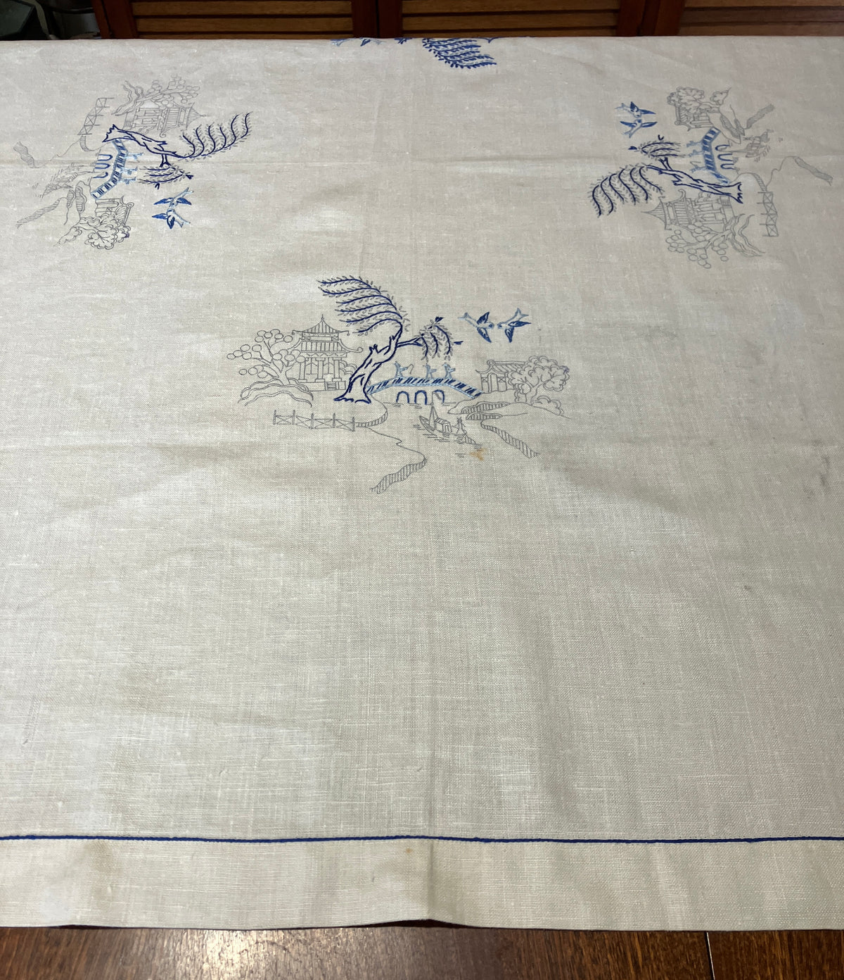 Vintage Willow Pattern Embroidered Tablecloth To Be Finished 128cm x 128cm
