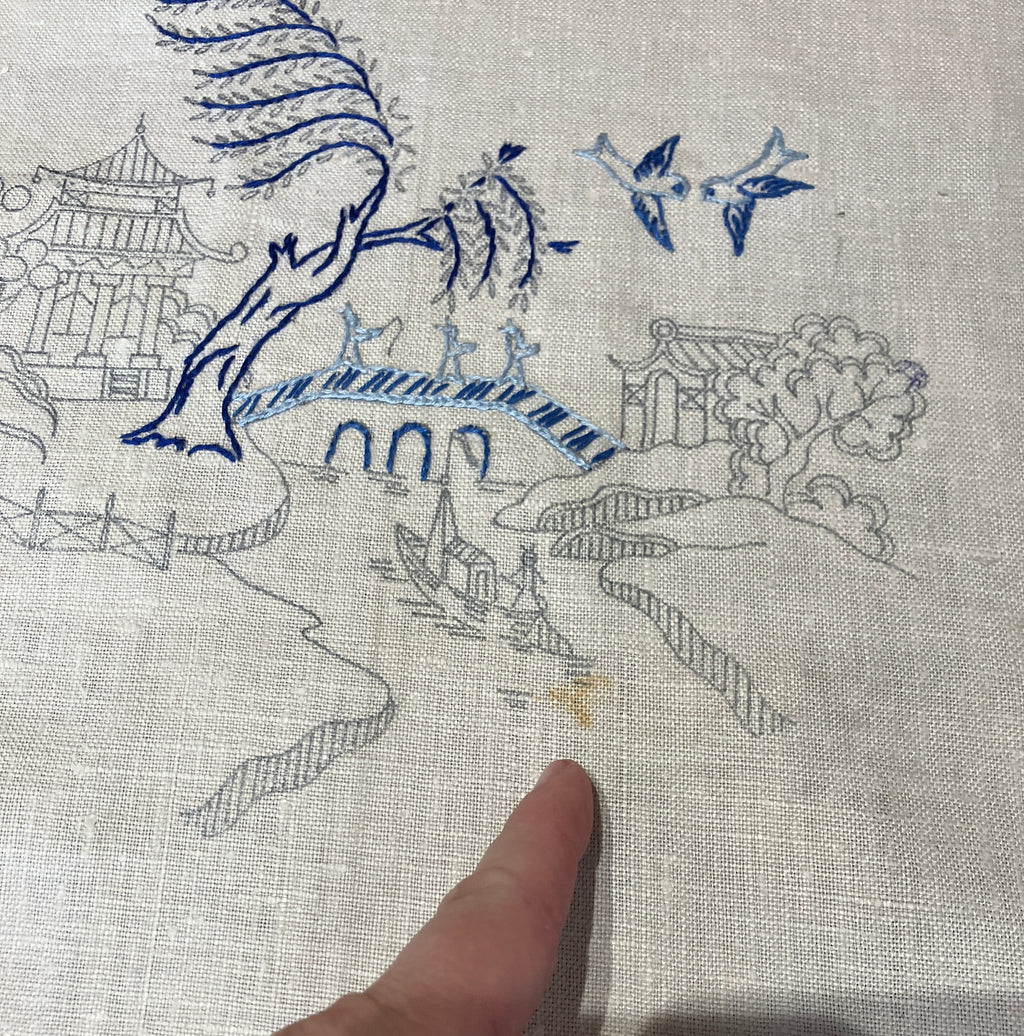 Vintage Willow Pattern Embroidered Tablecloth To Be Finished 128cm x 128cm