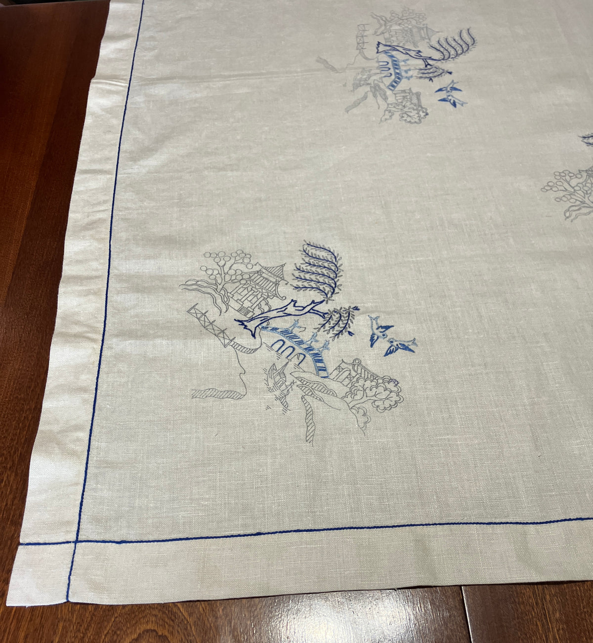 Vintage Willow Pattern Embroidered Tablecloth To Be Finished 128cm x 128cm