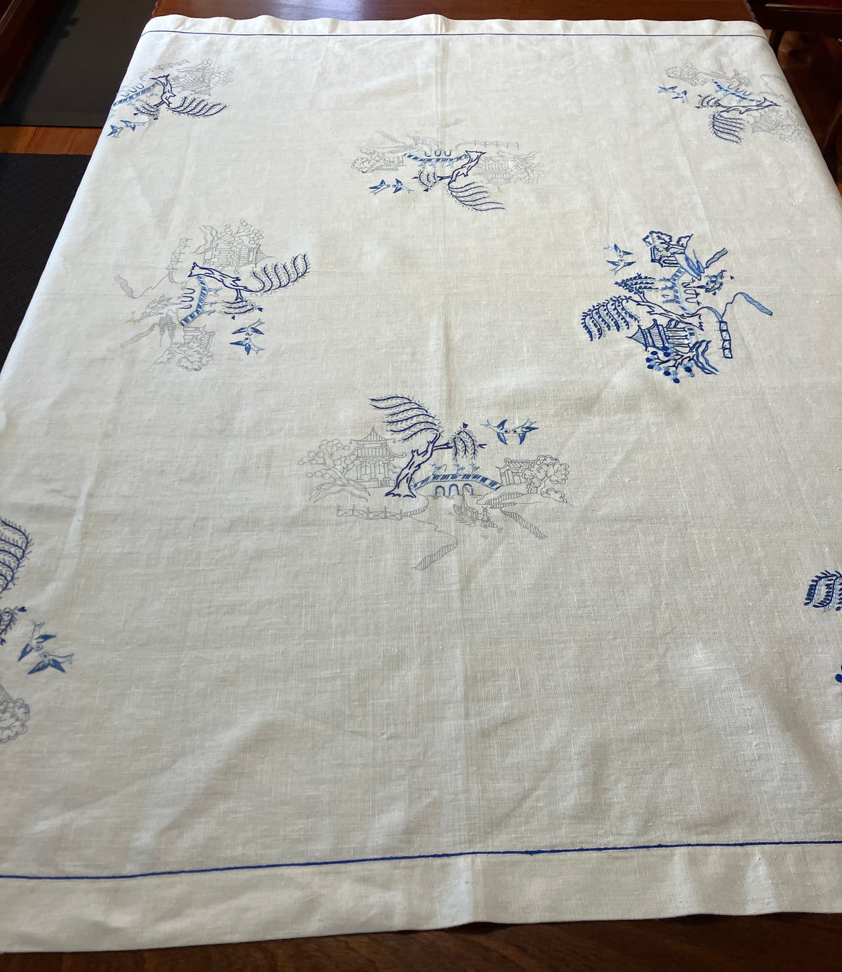 Vintage Willow Pattern Embroidered Tablecloth To Be Finished 128cm x 128cm