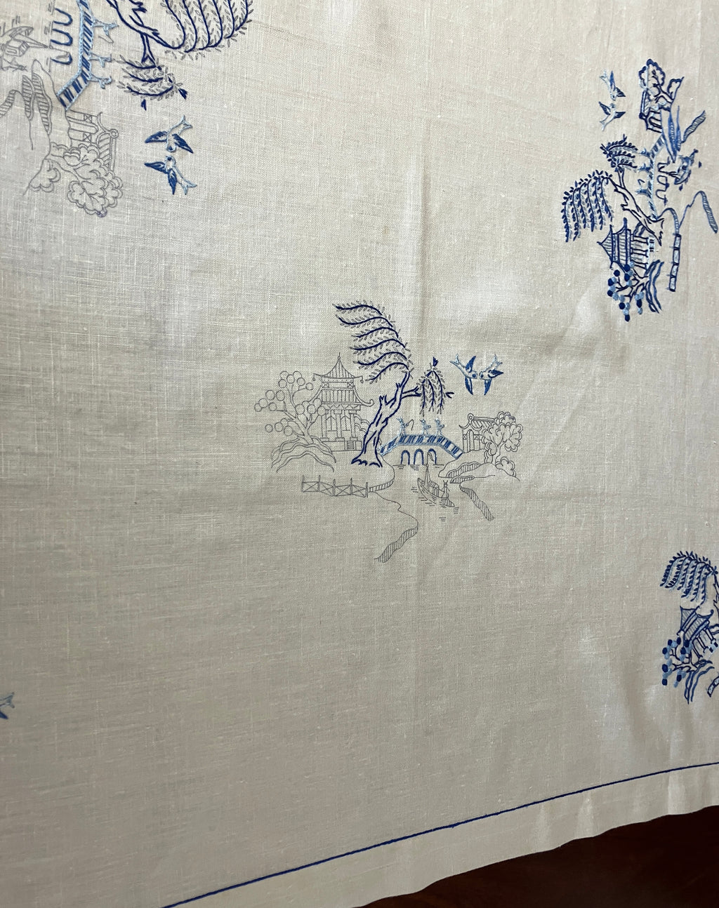 Vintage Willow Pattern Embroidered Tablecloth To Be Finished 128cm x 128cm
