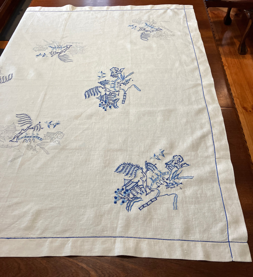 Vintage Willow Pattern Embroidered Tablecloth To Be Finished 128cm x 128cm
