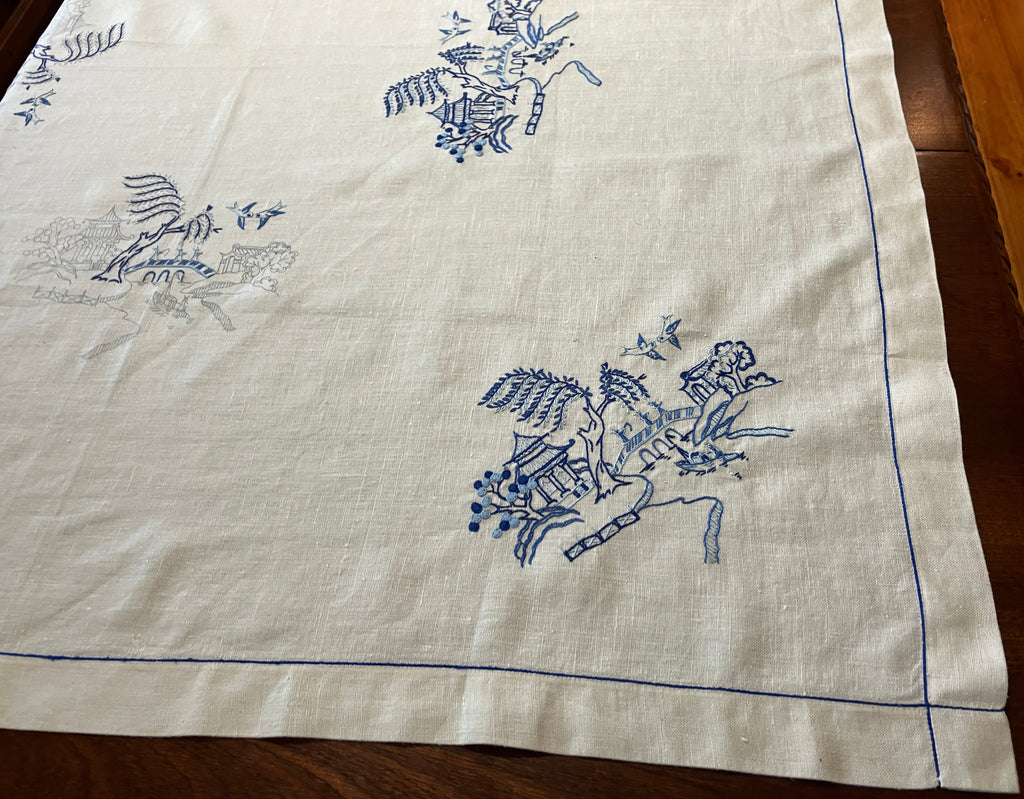 Vintage Willow Pattern Embroidered Tablecloth To Be Finished 128cm x 128cm