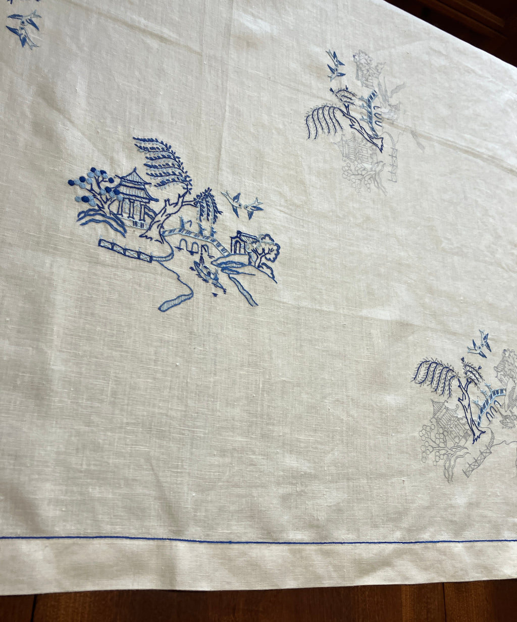 Vintage Willow Pattern Embroidered Tablecloth To Be Finished 128cm x 128cm