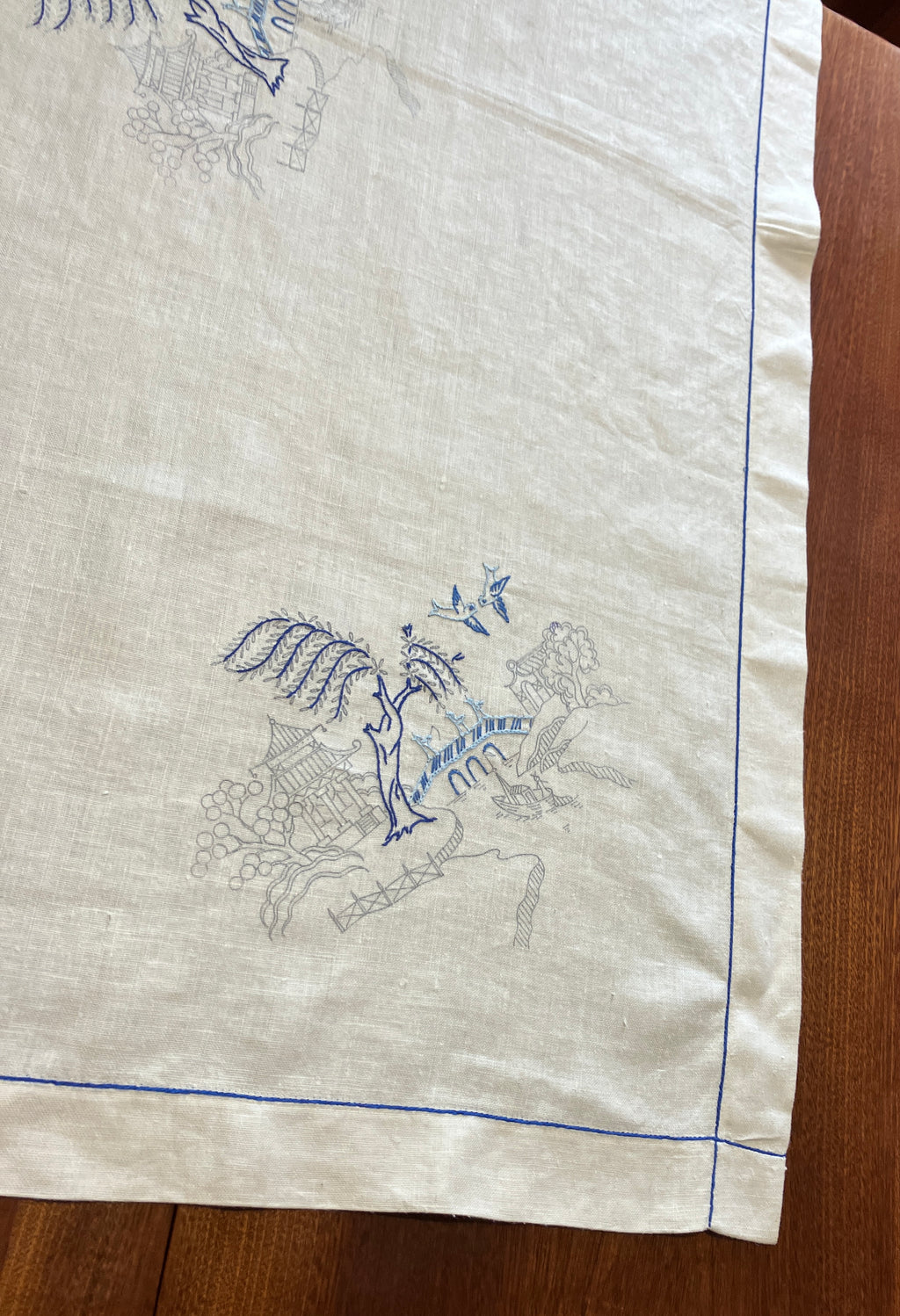Vintage Willow Pattern Embroidered Tablecloth To Be Finished 128cm x 128cm