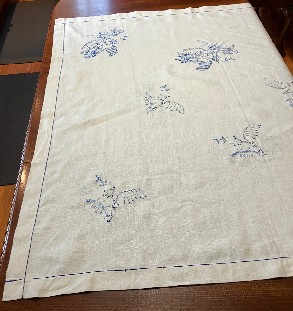 Vintage Willow Pattern Embroidered Tablecloth To Be Finished 128cm x 128cm