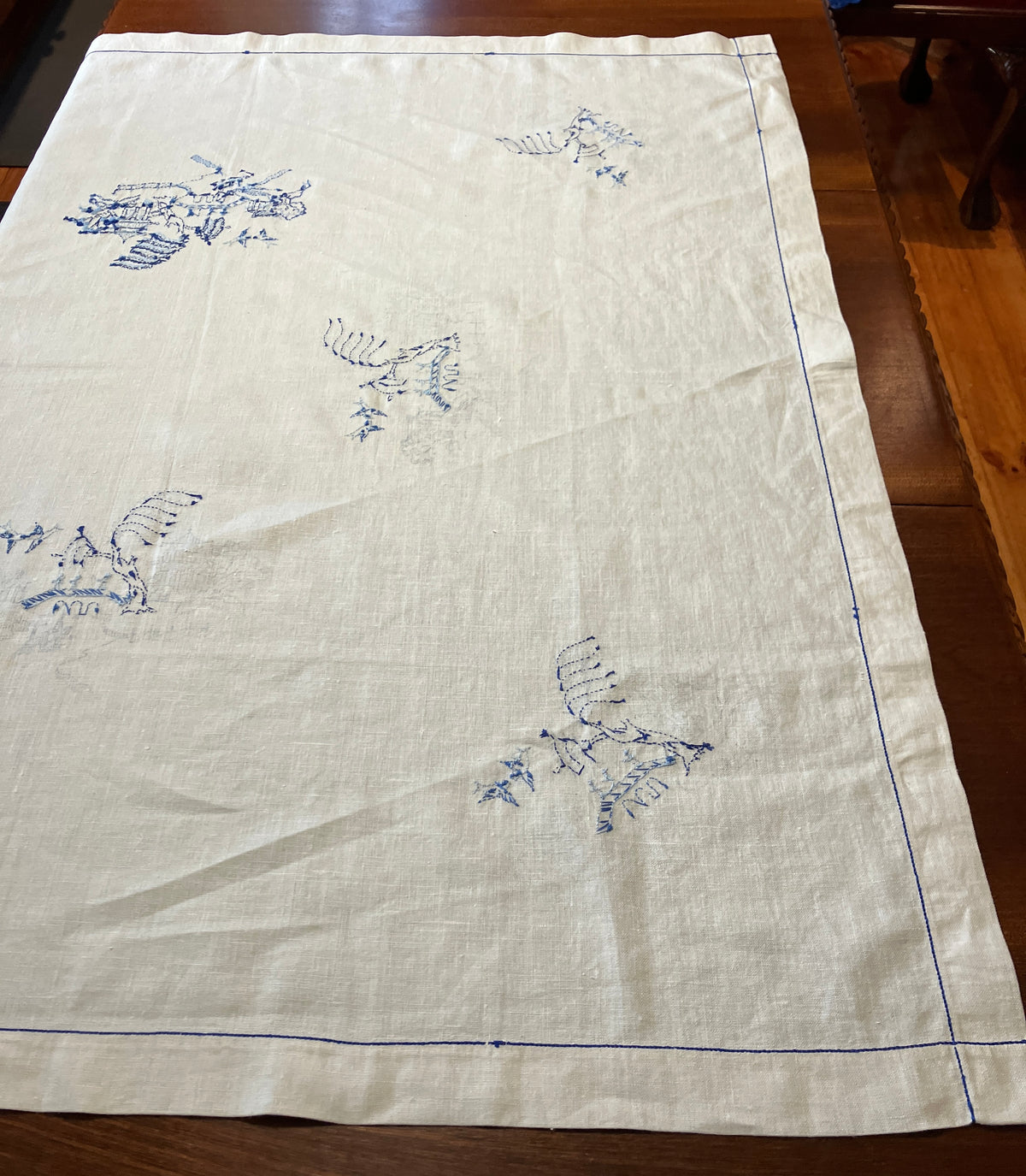 Vintage Willow Pattern Embroidered Tablecloth To Be Finished 128cm x 128cm