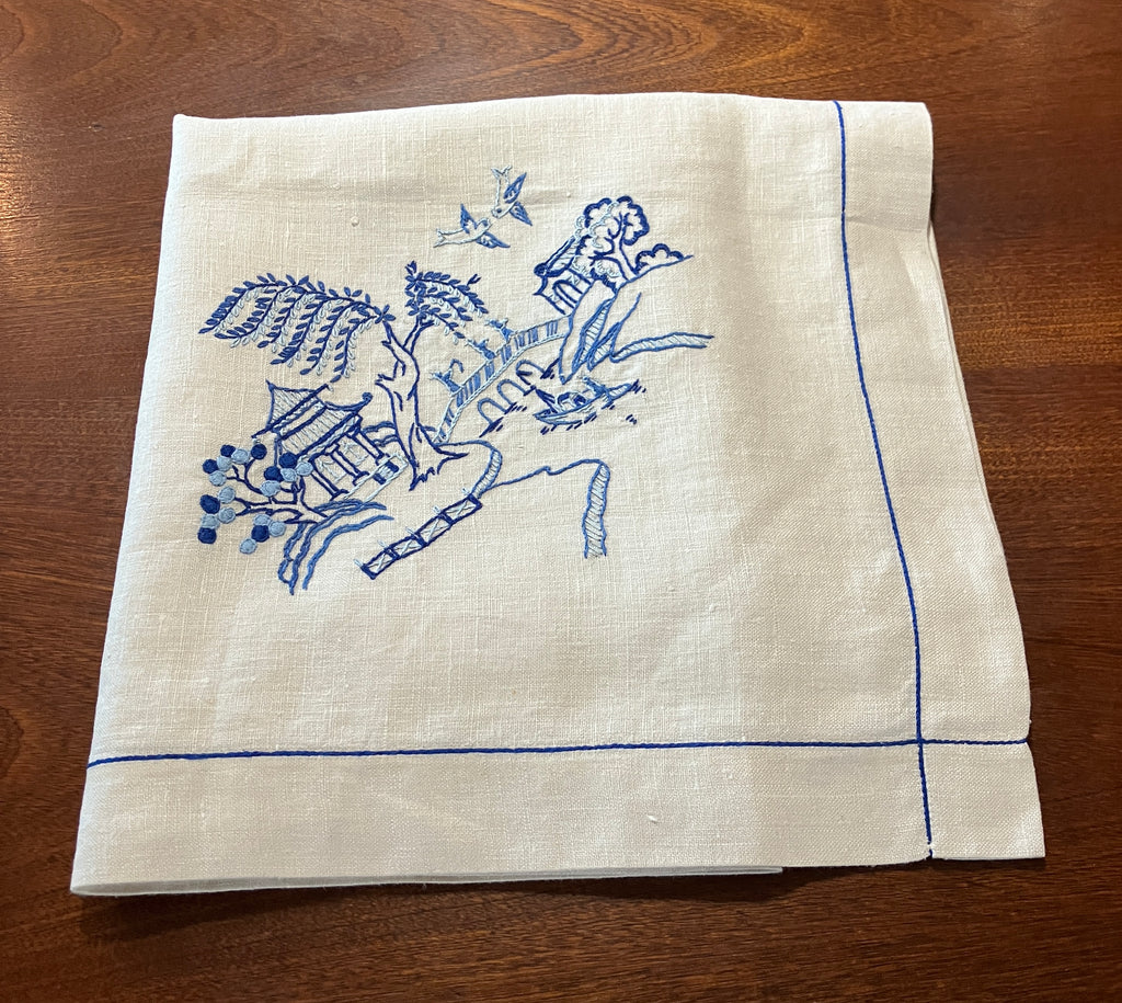 Vintage Willow Pattern Embroidered Tablecloth To Be Finished 128cm x 128cm