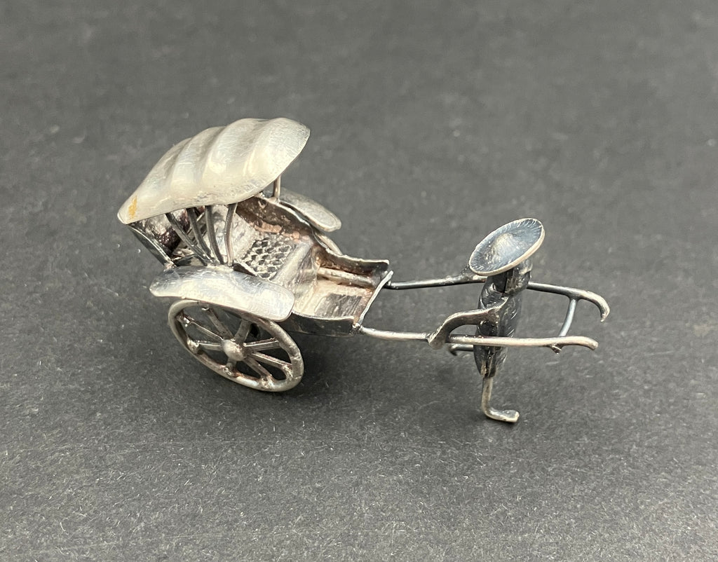 Antique Silver Plated Rickshaw and Driver, Late Qing Rickshaw Miniature
