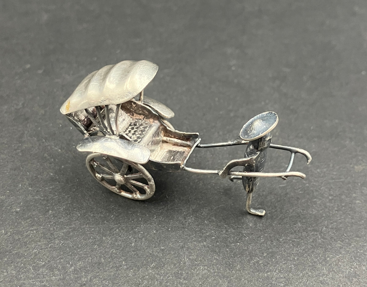 Antique Silver Plated Rickshaw and Driver, Late Qing Rickshaw Miniature