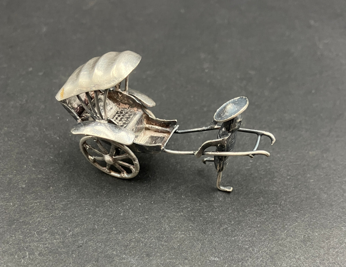 Antique Silver Plated Rickshaw and Driver, Late Qing Rickshaw Miniature
