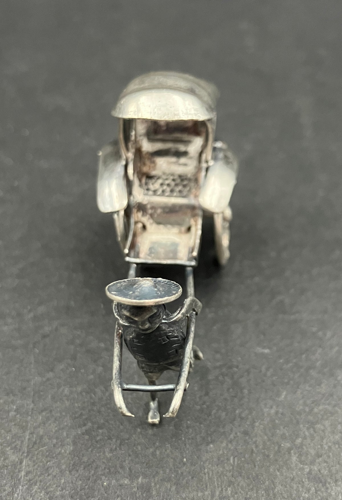 Antique Silver Plated Rickshaw and Driver, Late Qing Rickshaw Miniature