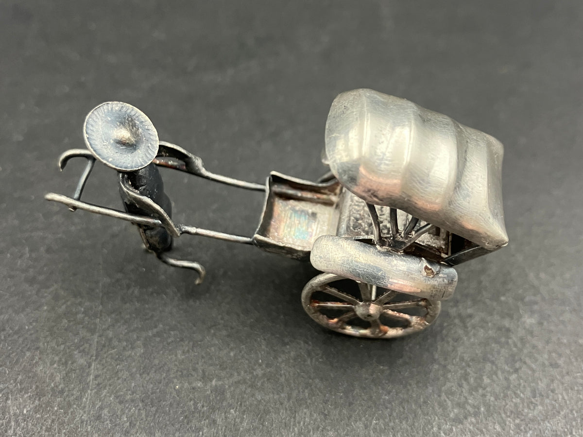 Antique Silver Plated Rickshaw and Driver, Late Qing Rickshaw Miniature