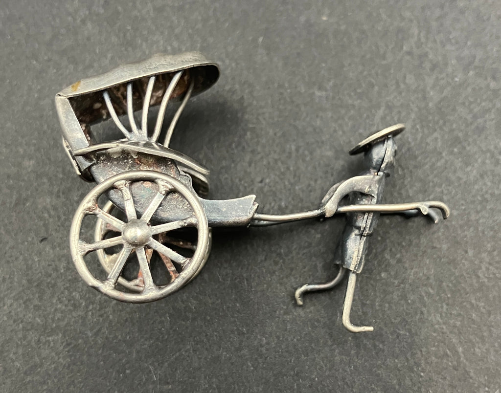 Antique Silver Plated Rickshaw and Driver, Late Qing Rickshaw Miniature