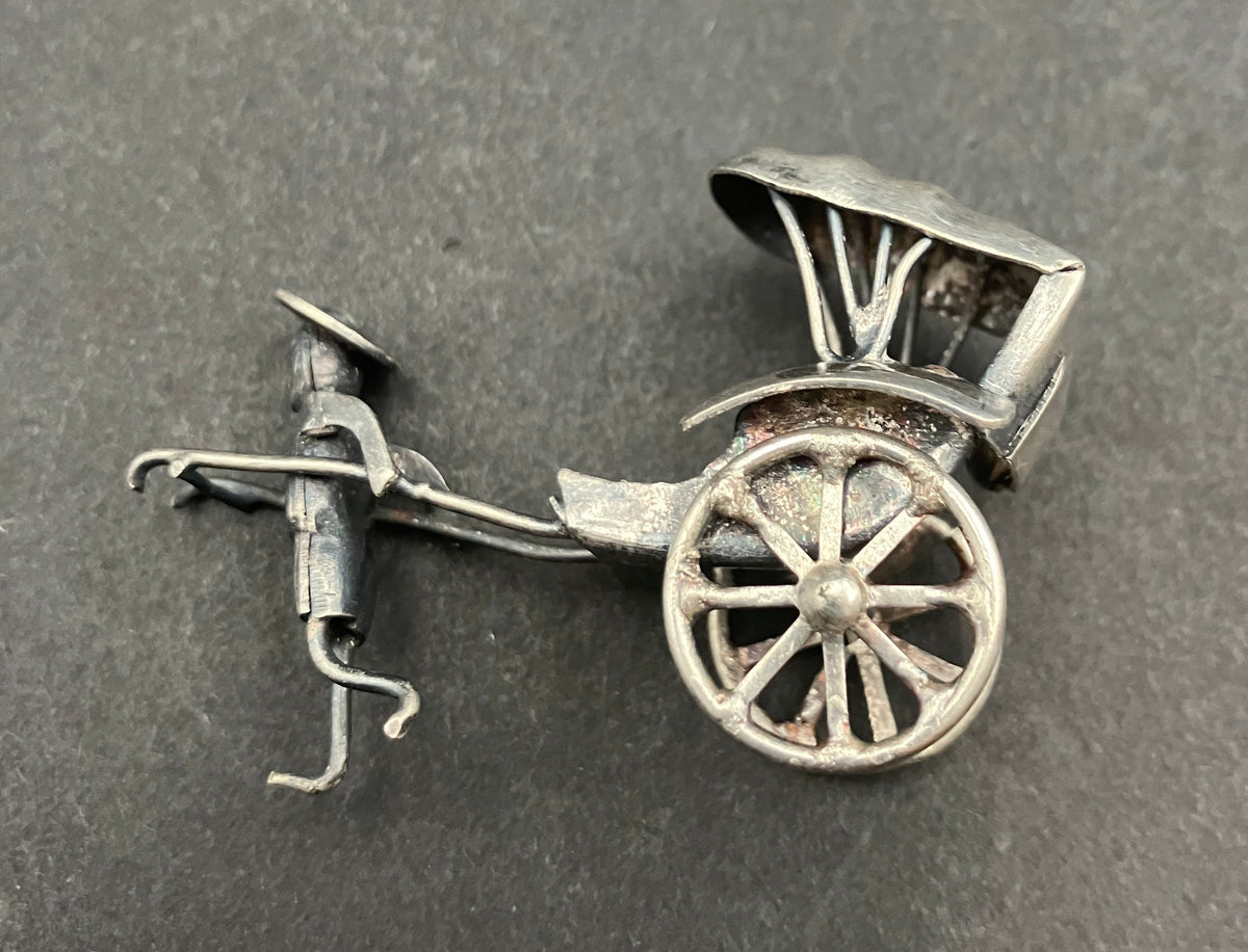 Antique Silver Plated Rickshaw and Driver, Late Qing Rickshaw Miniature