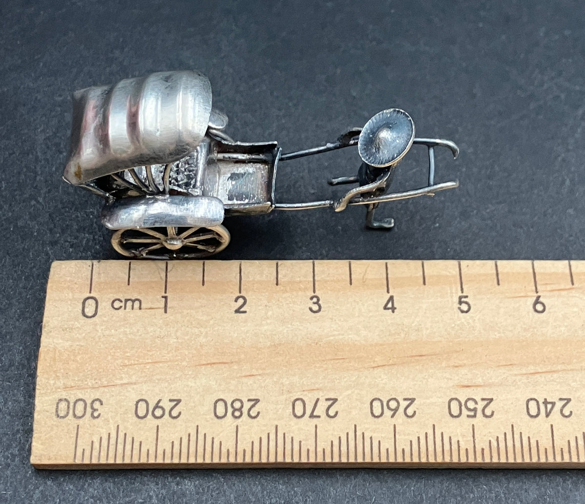 Antique Silver Plated Rickshaw and Driver, Late Qing Rickshaw Miniature