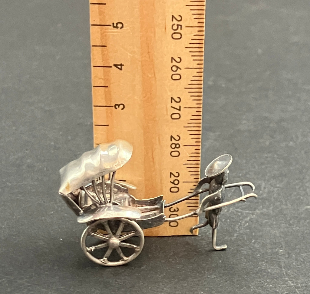 Antique Silver Plated Rickshaw and Driver, Late Qing Rickshaw Miniature