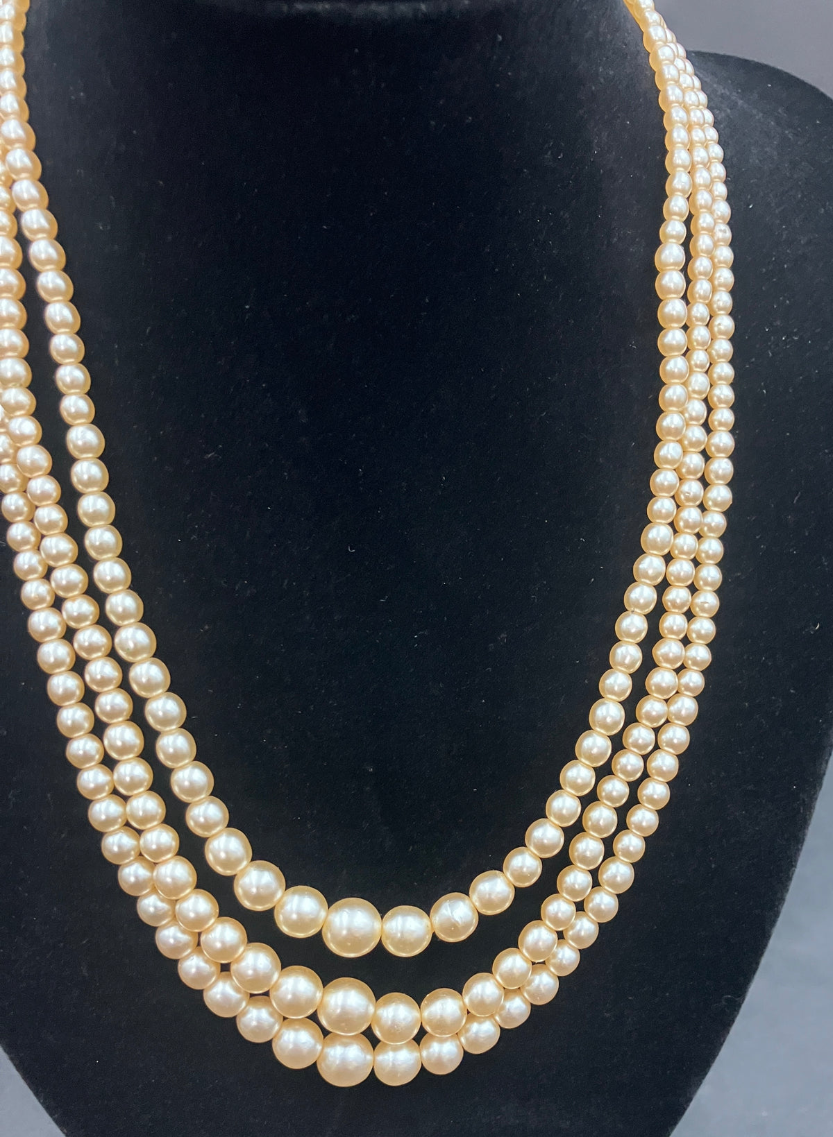 Vintage Faux Pearl Graduated Necklace Triple Strand Costume Jewellery