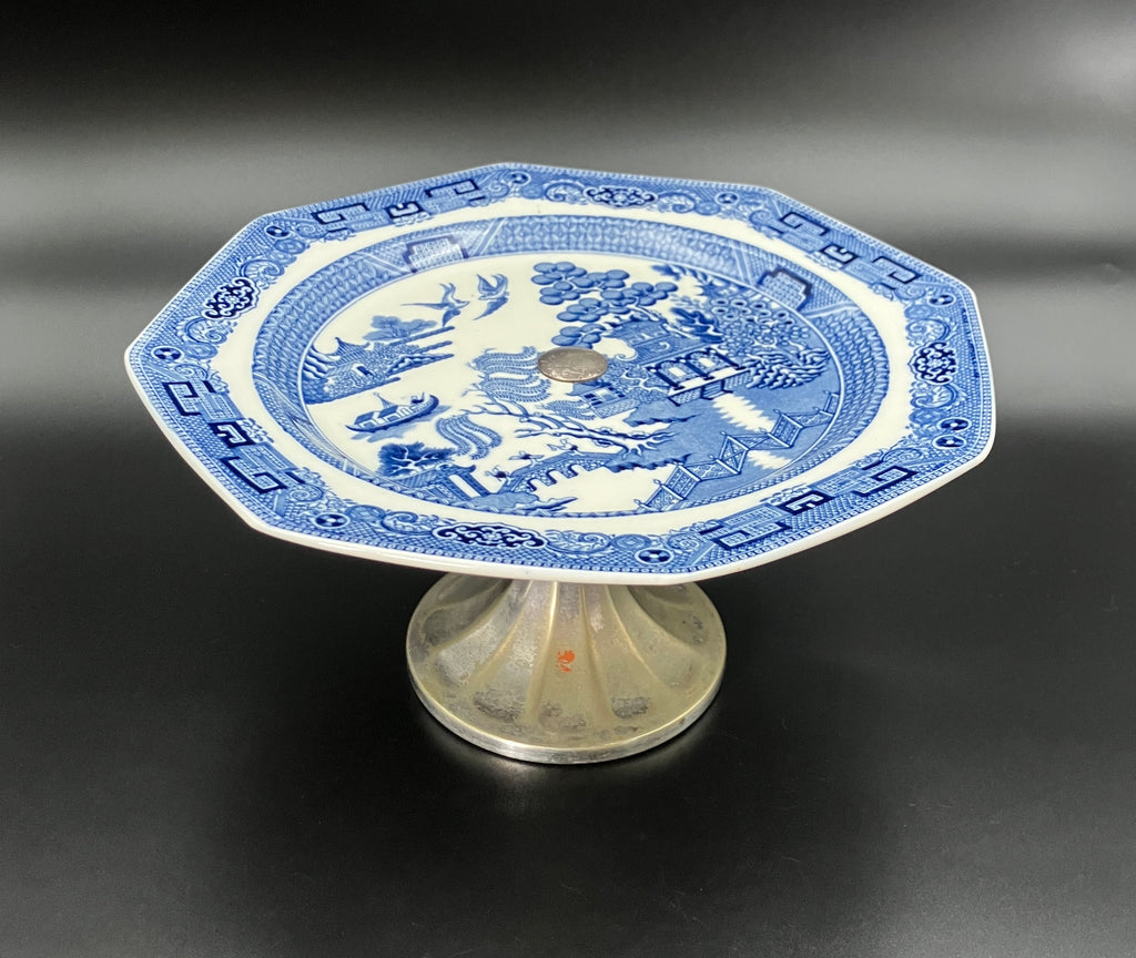Antique Wedgwood Cake Stand Willow Pattern With Silver Plated Stand 1901
