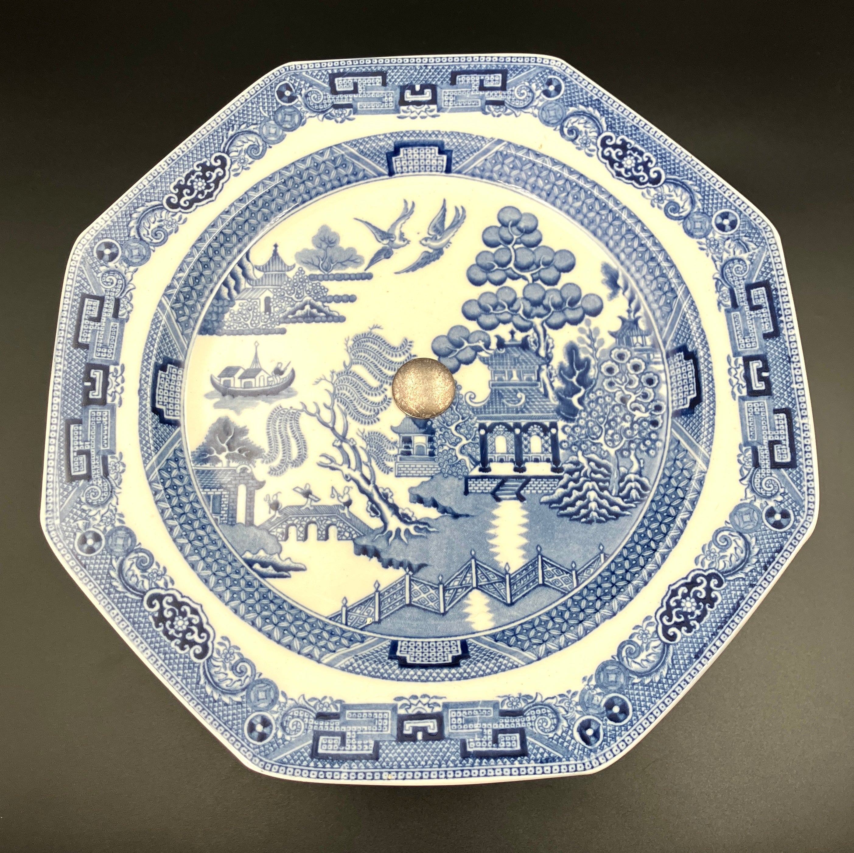 Antique Wedgwood Cake Stand Willow Pattern With Silver Plated Stand 1901