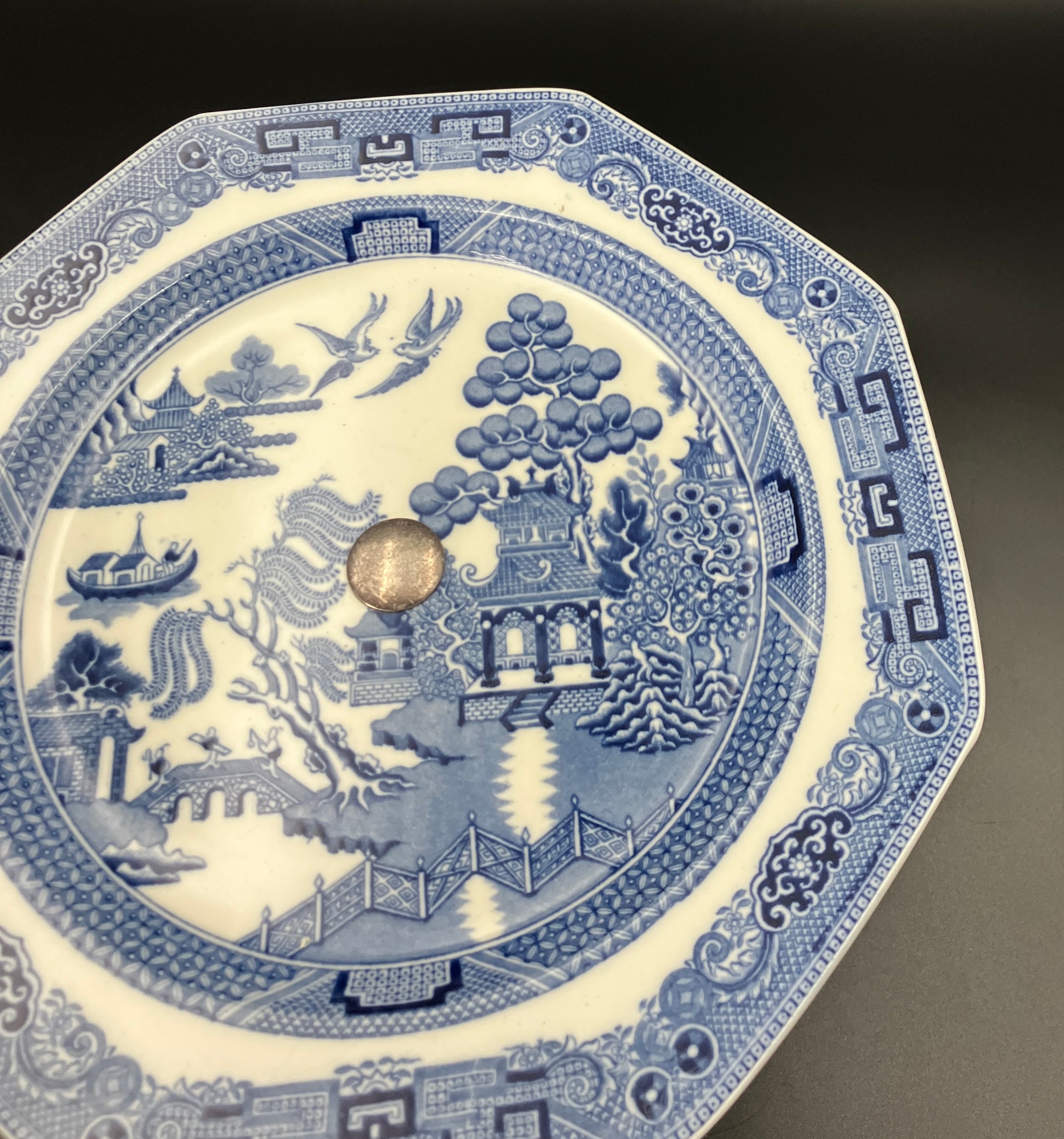 Antique Wedgwood Cake Stand Willow Pattern With Silver Plated Stand 1901