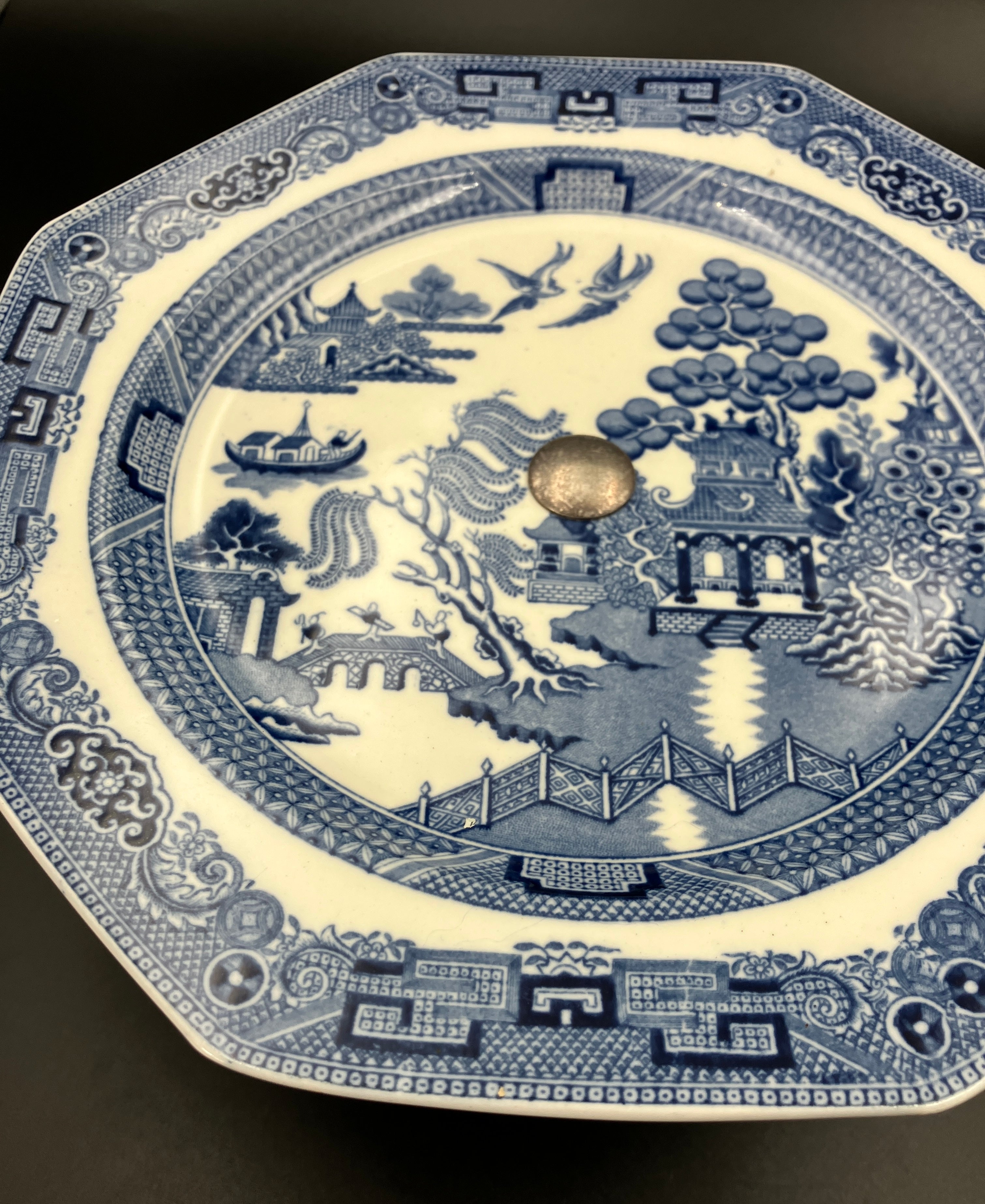 Antique Wedgwood Cake Stand Willow Pattern With Silver Plated Stand 1901