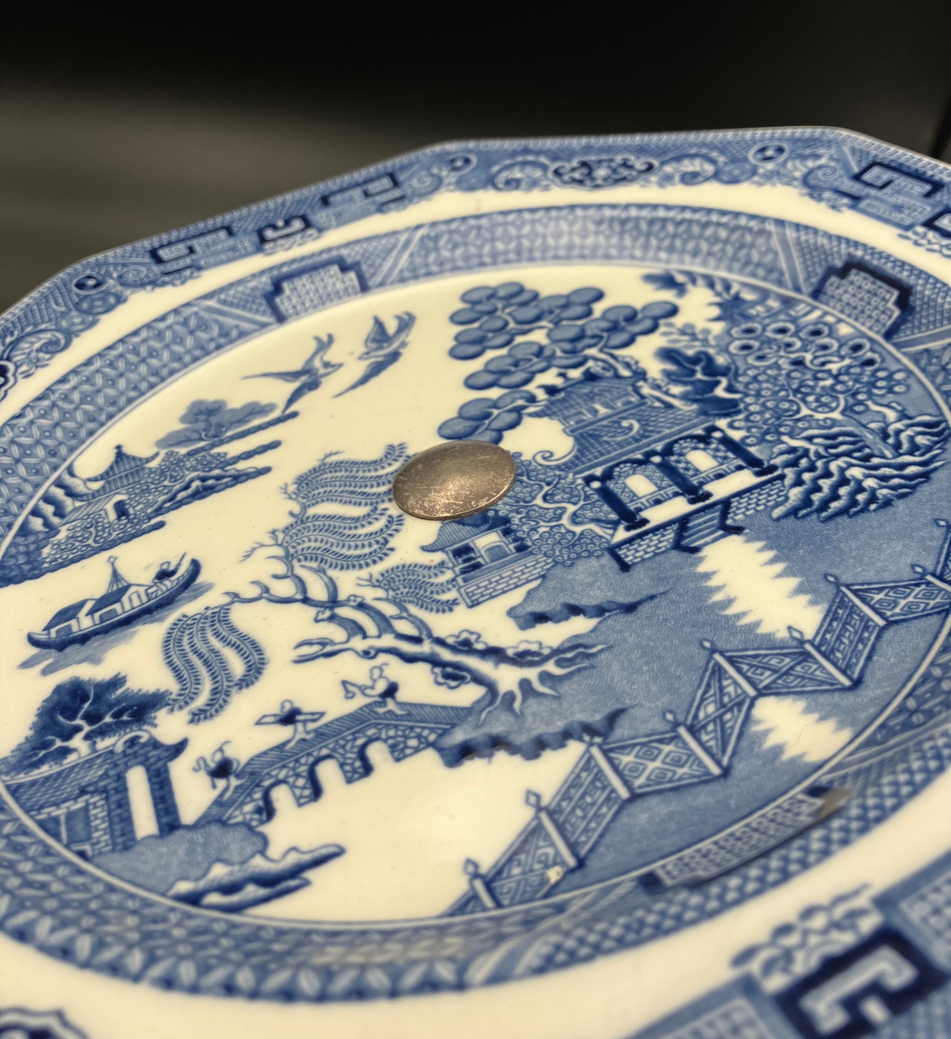 Antique Wedgwood Cake Stand Willow Pattern With Silver Plated Stand 1901