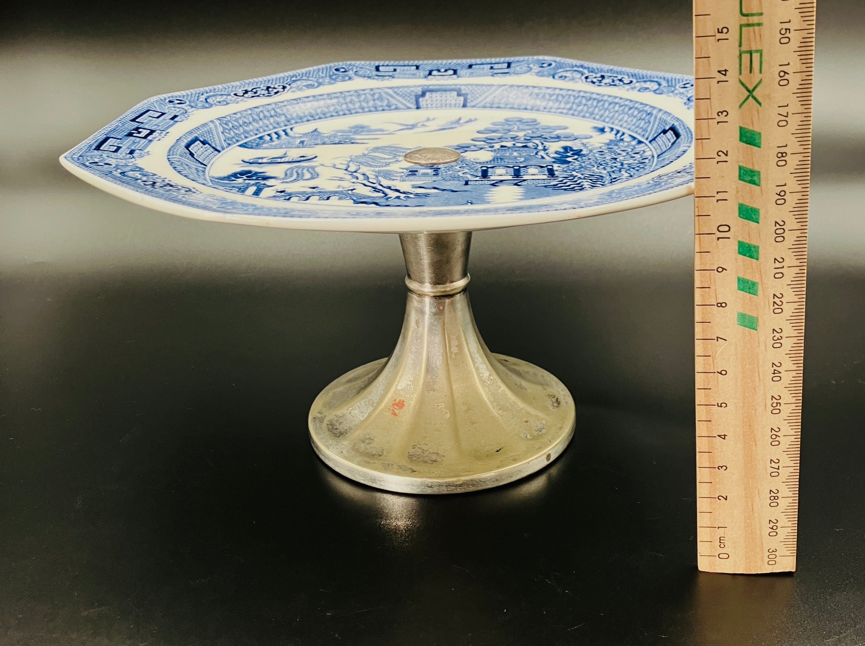 Antique Wedgwood Cake Stand Willow Pattern With Silver Plated Stand 1901