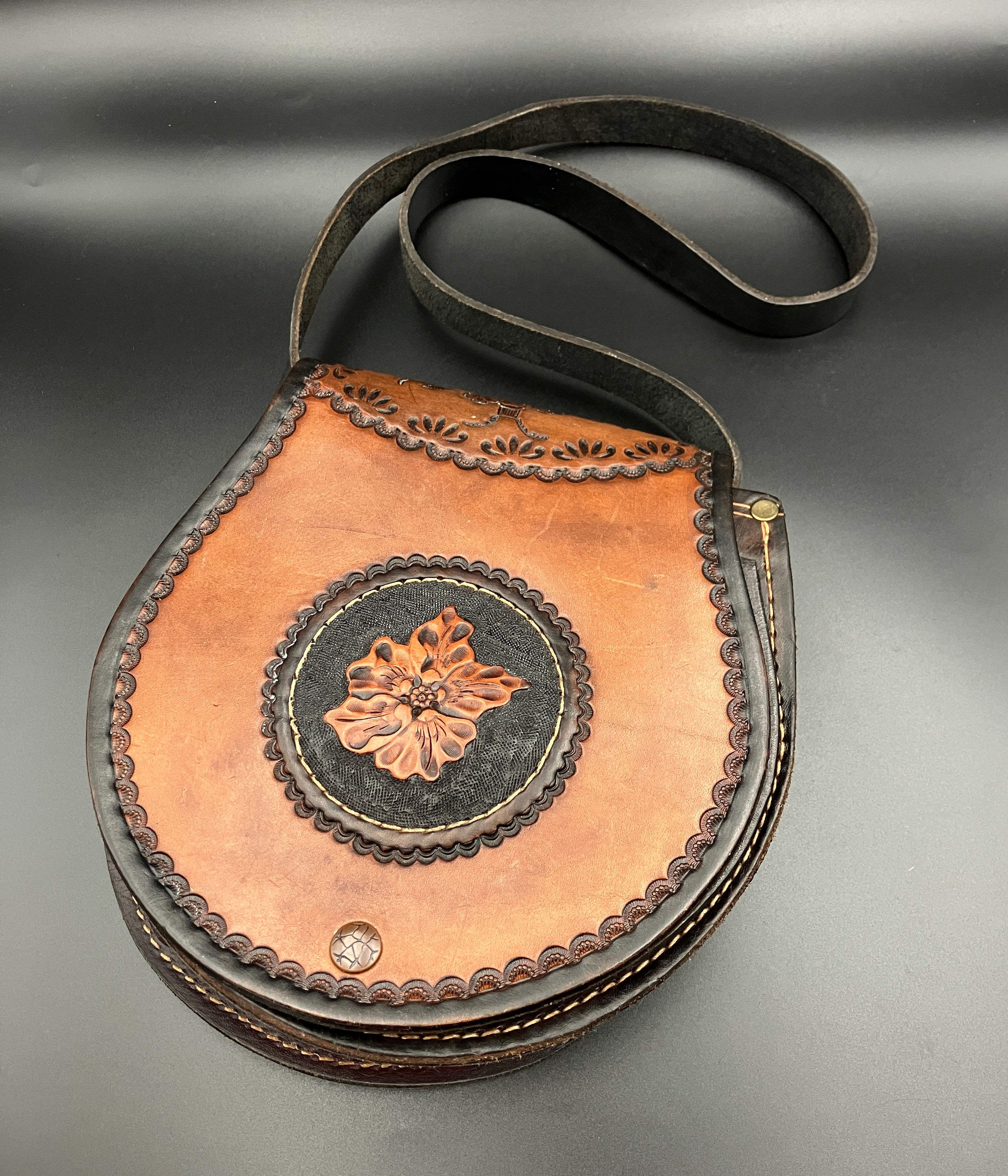 Vintage Leather Tooled Hand Bag Hippie Boho Brown Shoulder Bag - Floral Detail