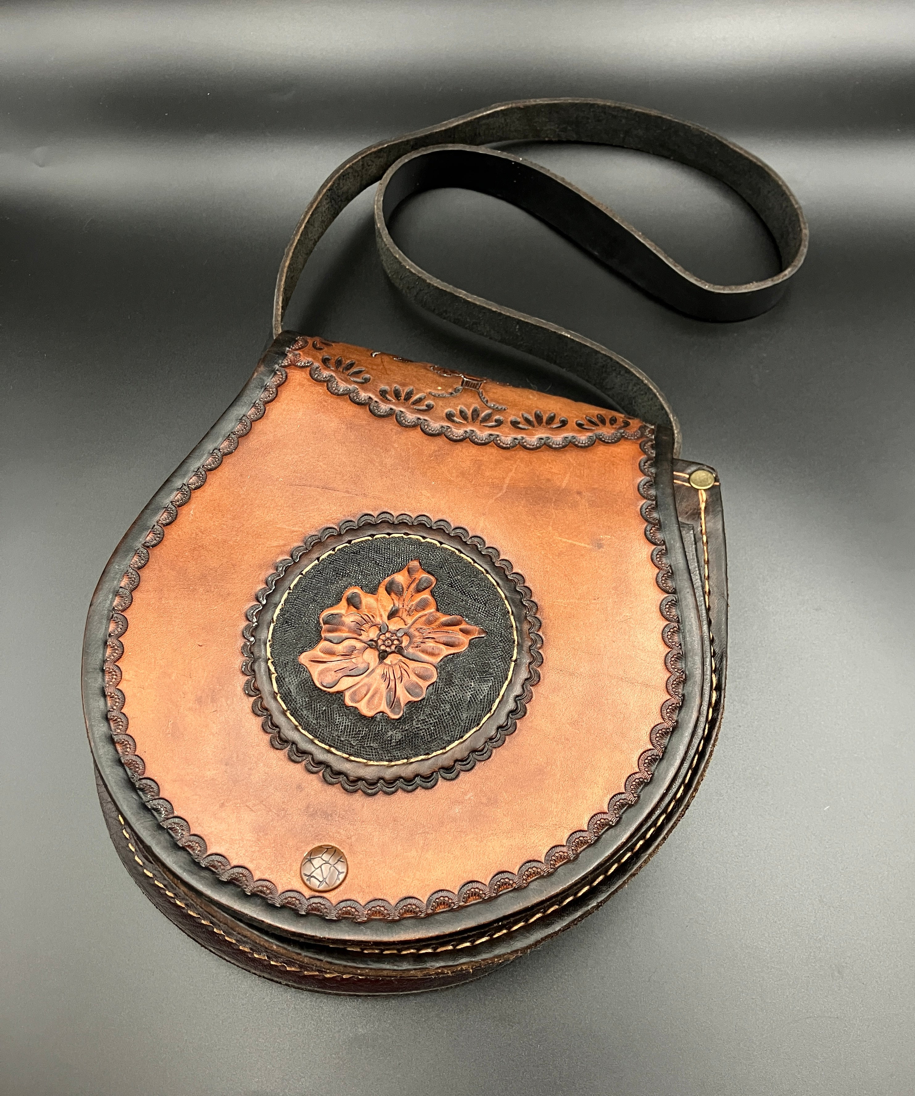 Vintage Leather Tooled Hand Bag Hippie Boho Brown Shoulder Bag - Floral Detail