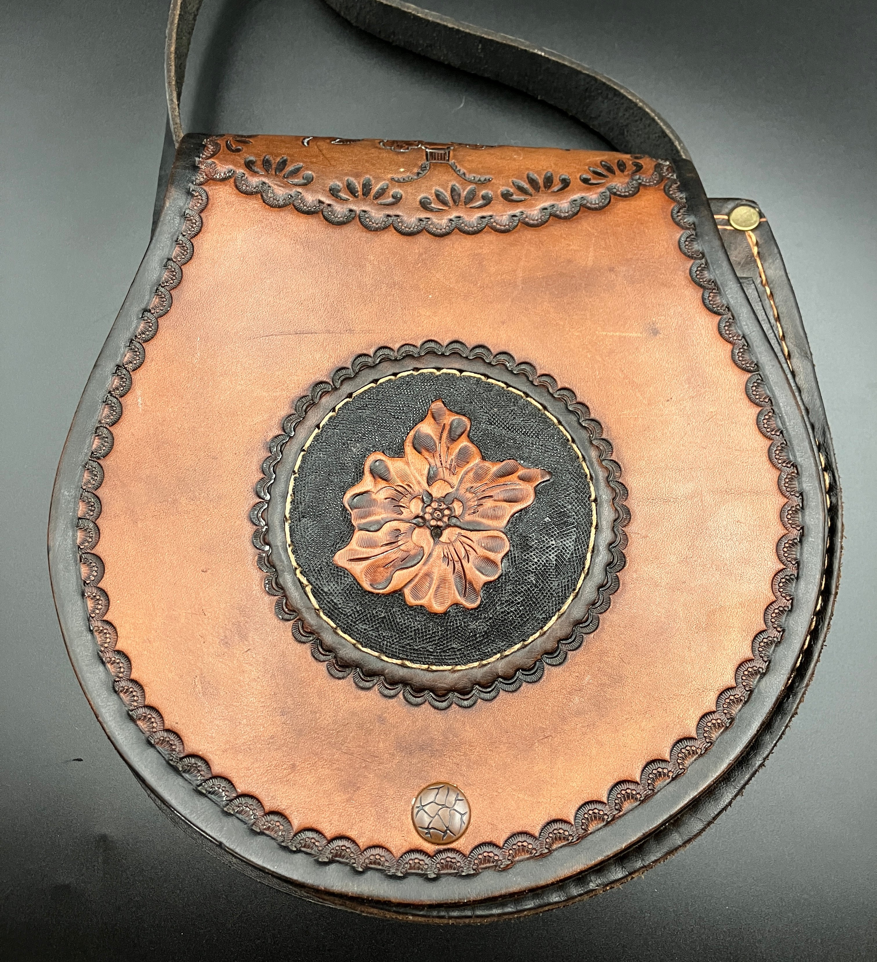 Vintage Leather Tooled Hand Bag Hippie Boho Brown Shoulder Bag - Floral Detail