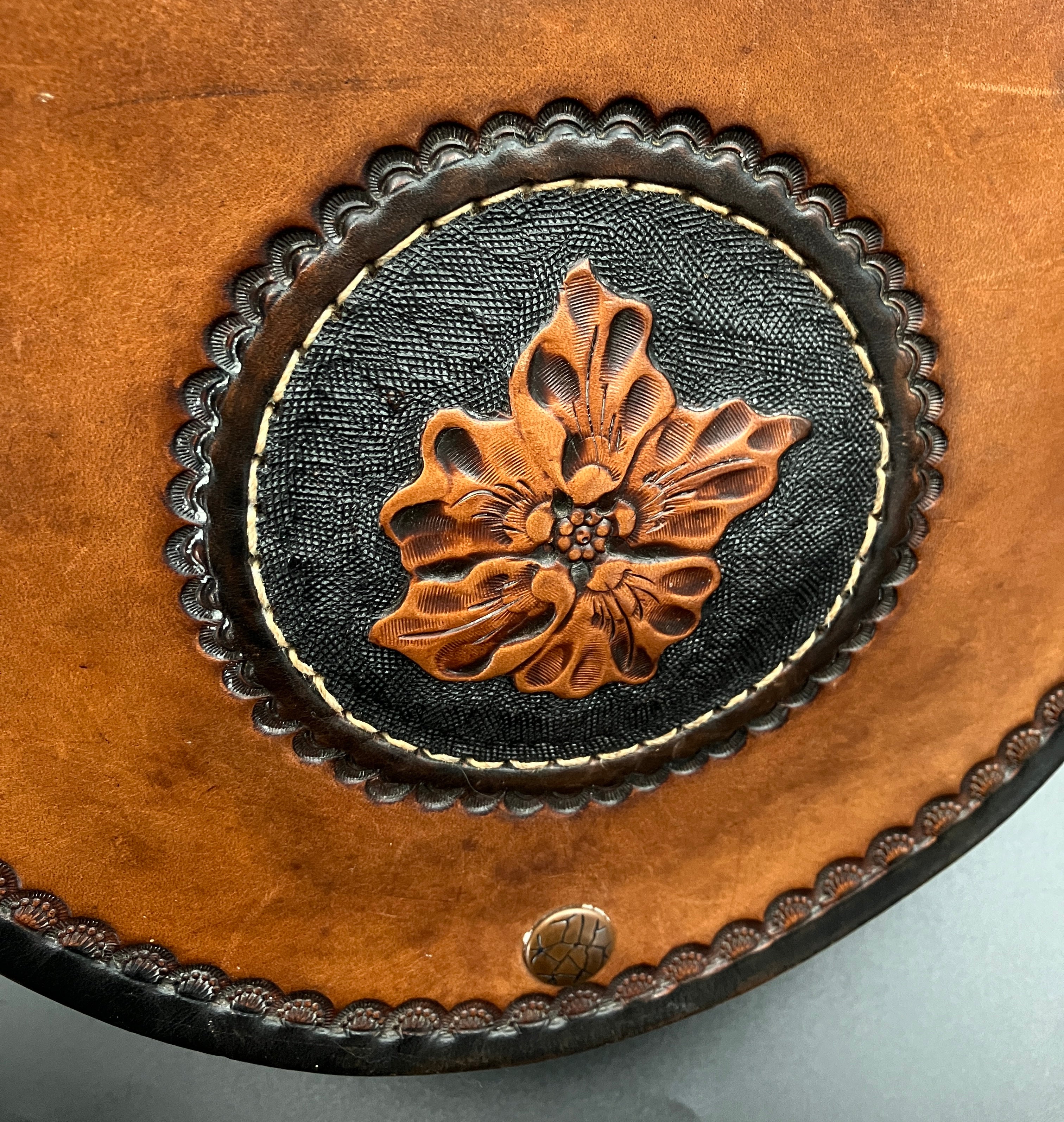 Vintage Leather Tooled Hand Bag Hippie Boho Brown Shoulder Bag - Floral Detail