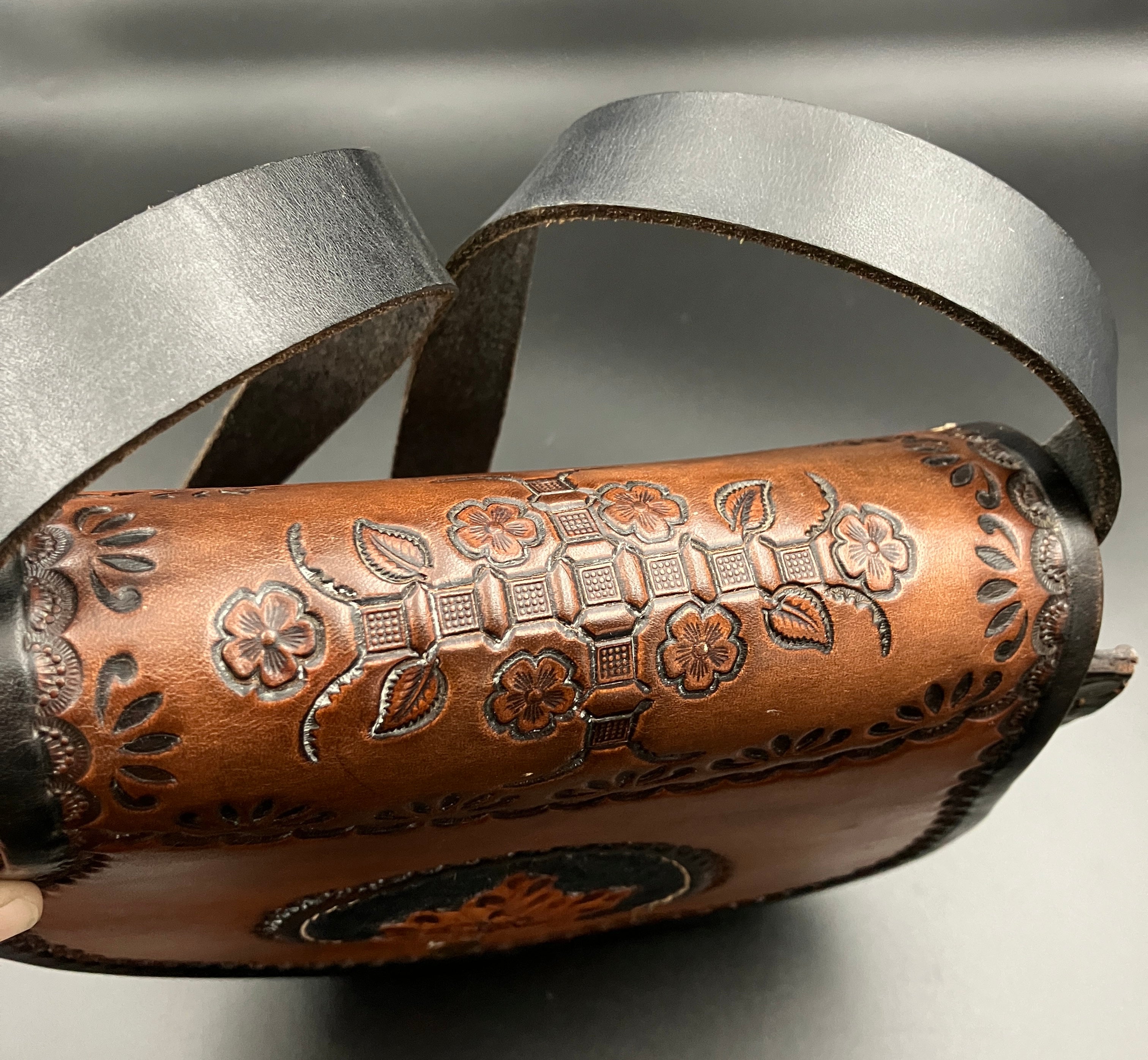 Vintage Leather Tooled Hand Bag Hippie Boho Brown Shoulder Bag - Floral Detail