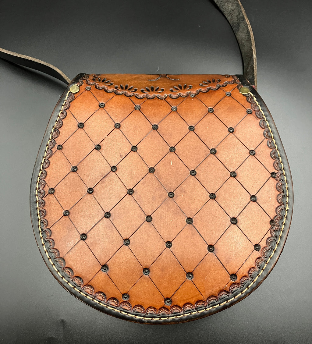 Vintage Leather Tooled Hand Bag Hippie Boho Brown Shoulder Bag - Floral Detail