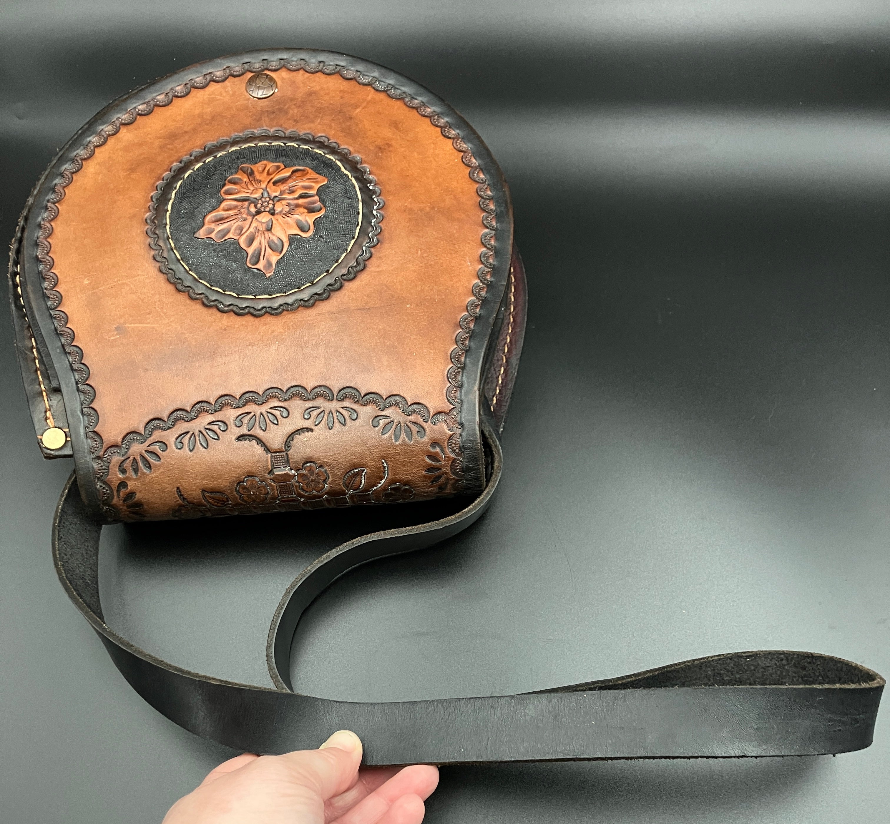 Vintage Leather Tooled Hand Bag Hippie Boho Brown Shoulder Bag - Floral Detail