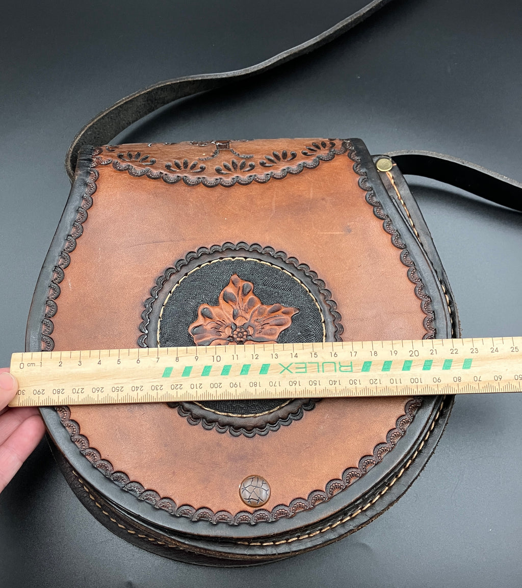 Vintage Leather Tooled Hand Bag Hippie Boho Brown Shoulder Bag - Floral Detail