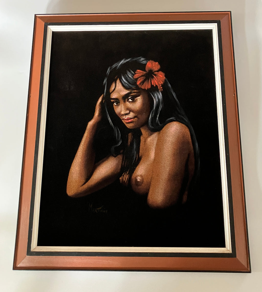 Vintage Velvet Painting Nude Hawaiian Lady Portrait Signed Martinus 60s