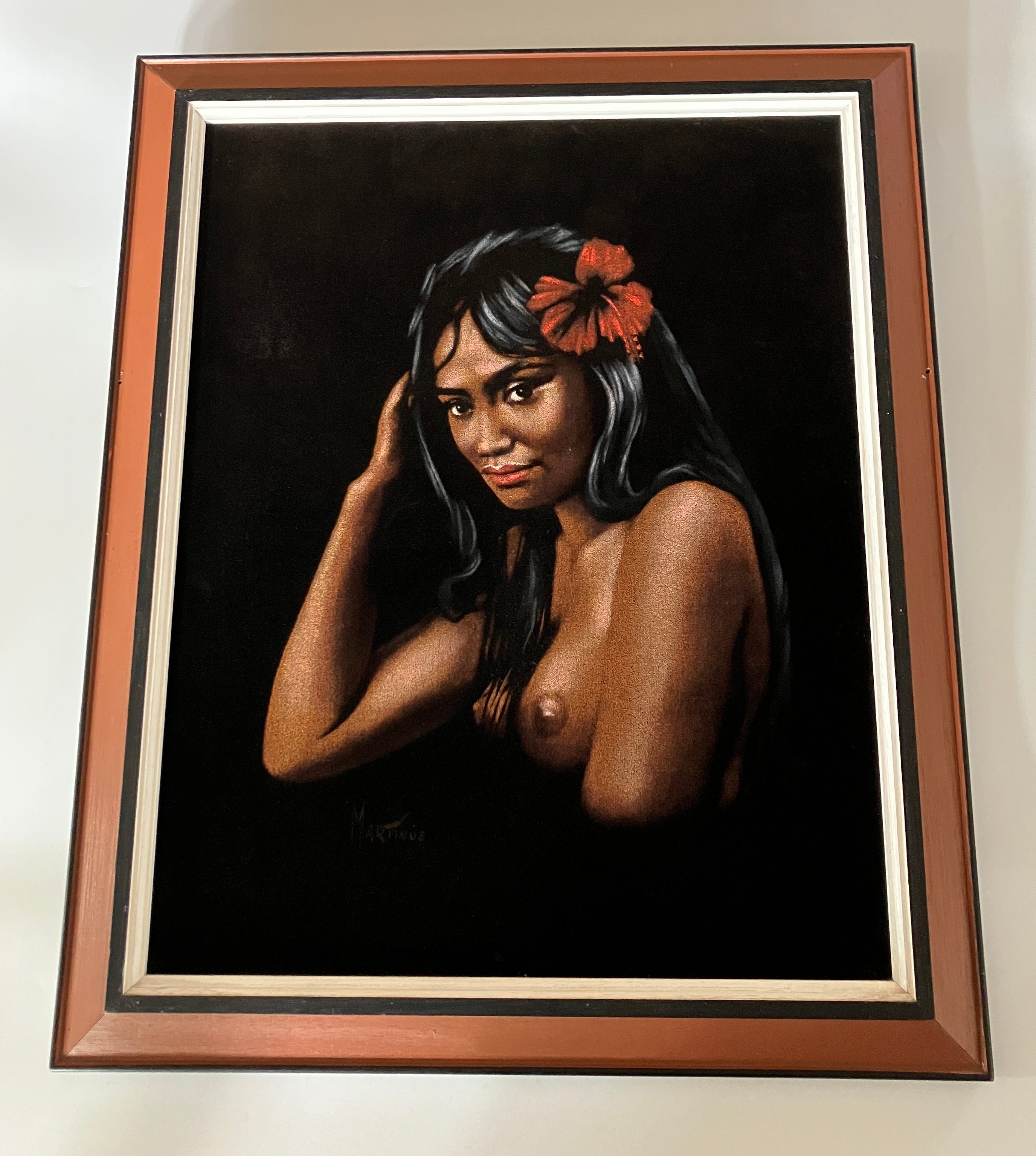 Vintage Velvet Painting Nude Hawaiian Lady Portrait Signed Martinus 60s