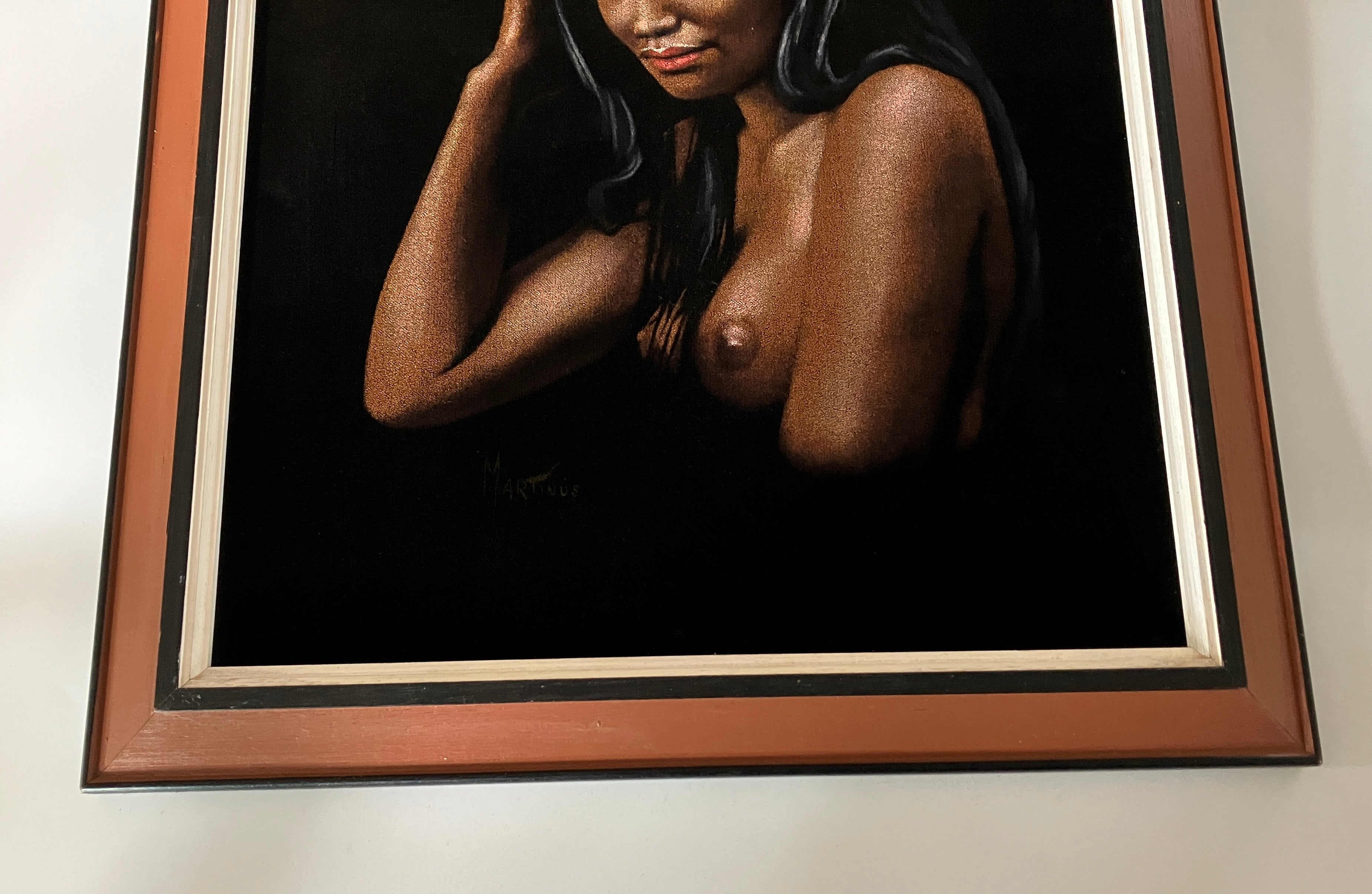 Vintage Velvet Painting Nude Hawaiian Lady Portrait Signed Martinus 60s