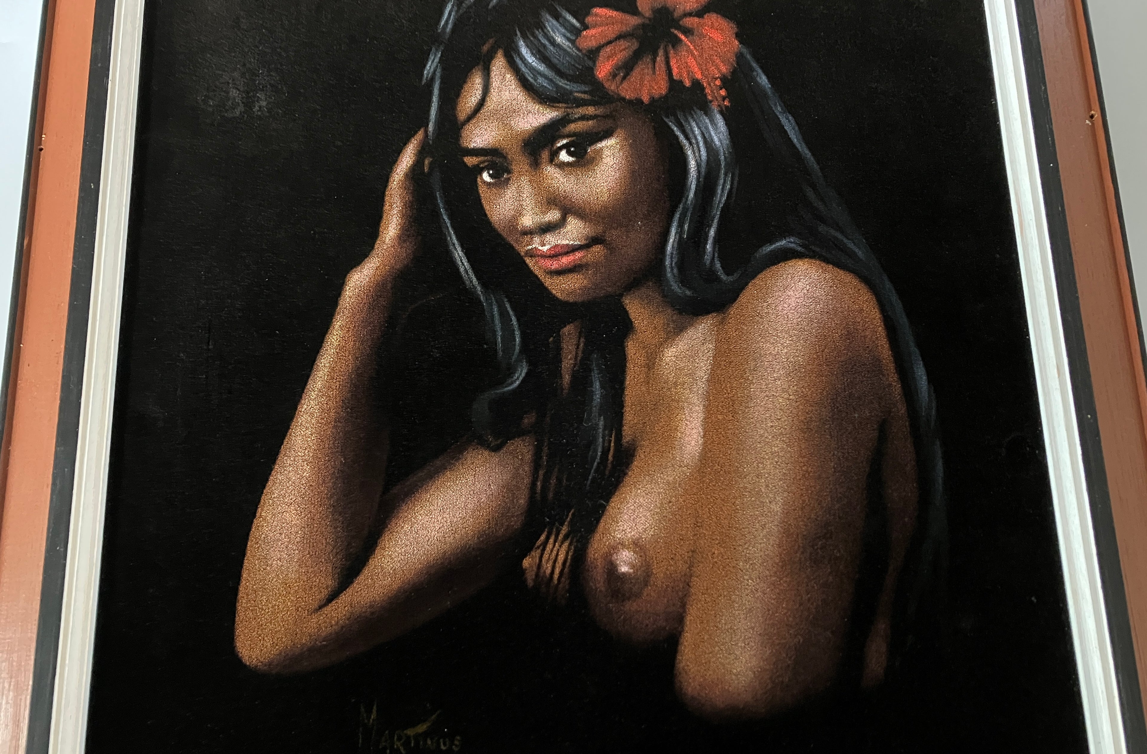 Vintage Velvet Painting Nude Hawaiian Lady Portrait Signed Martinus 60s