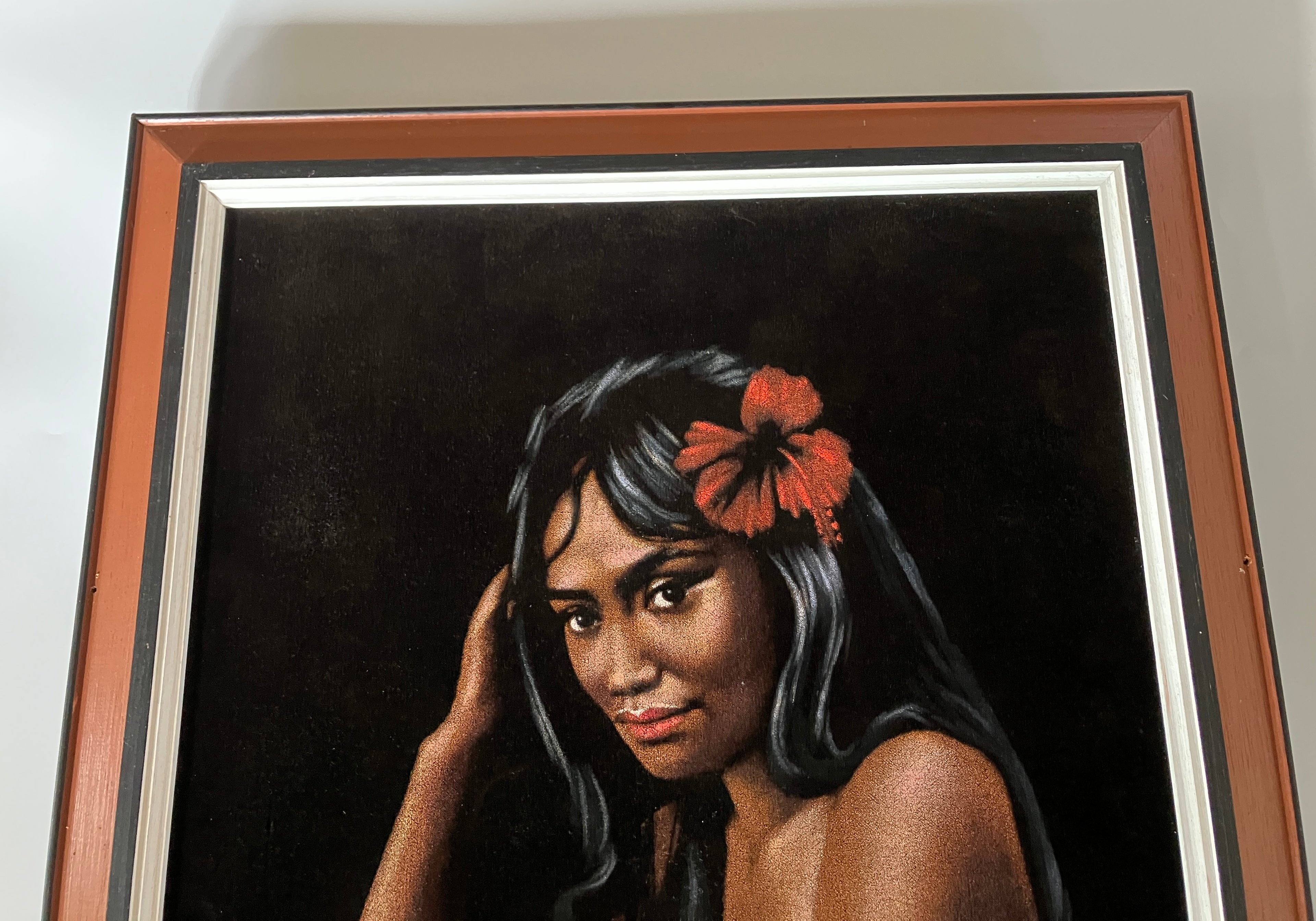 Vintage Velvet Painting Nude Hawaiian Lady Portrait Signed Martinus 60s